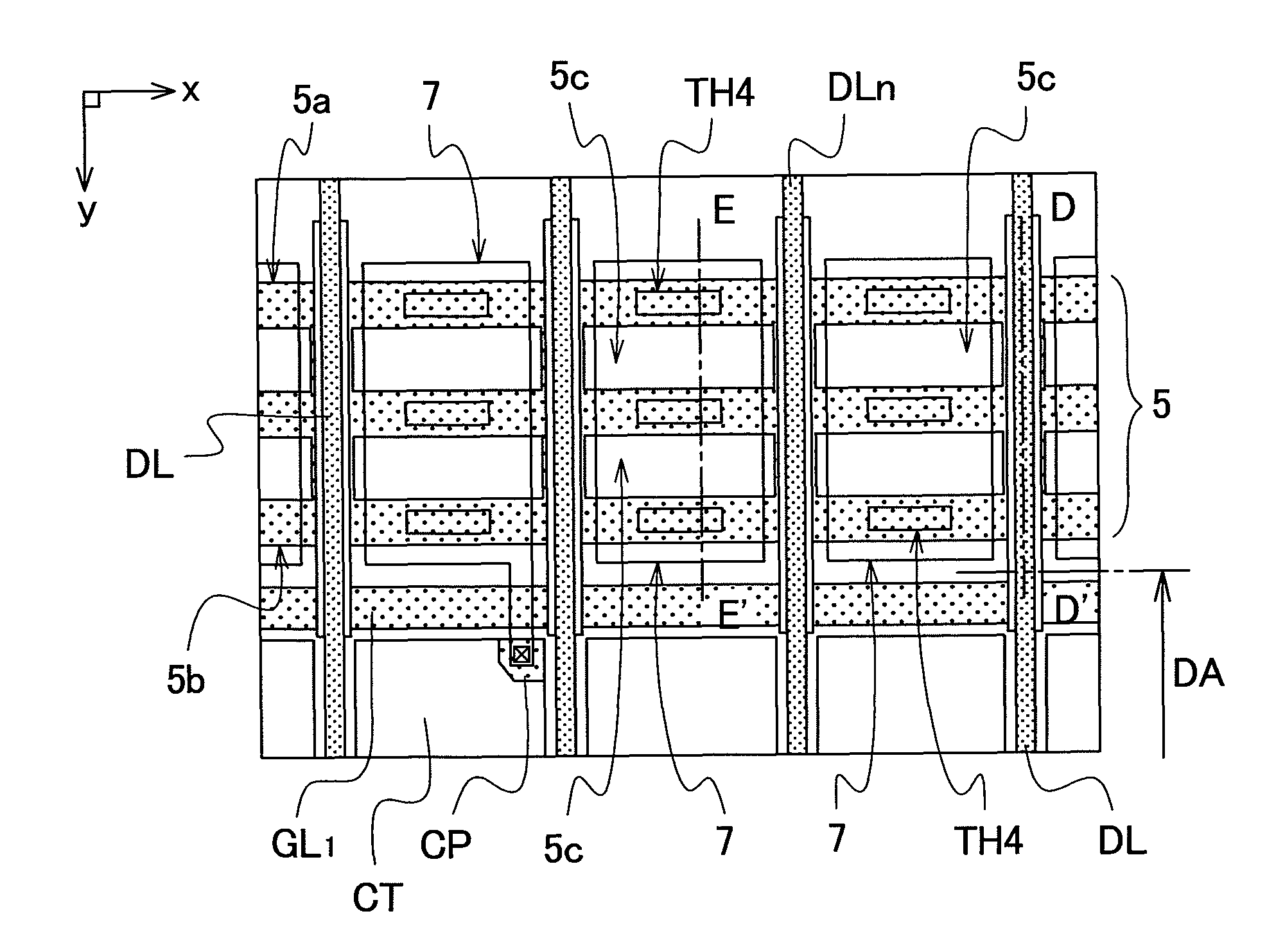 Liquid crystal display device having bus line with opening portions overlapped by conductive films