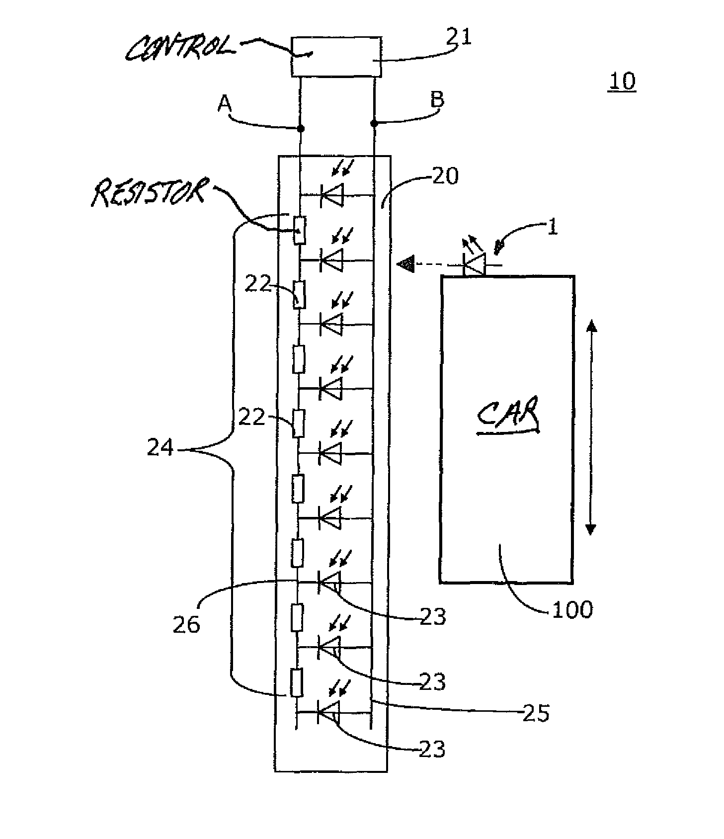 Elevator car position detection system and method of determining a position of an elevator car in an elevator shaft