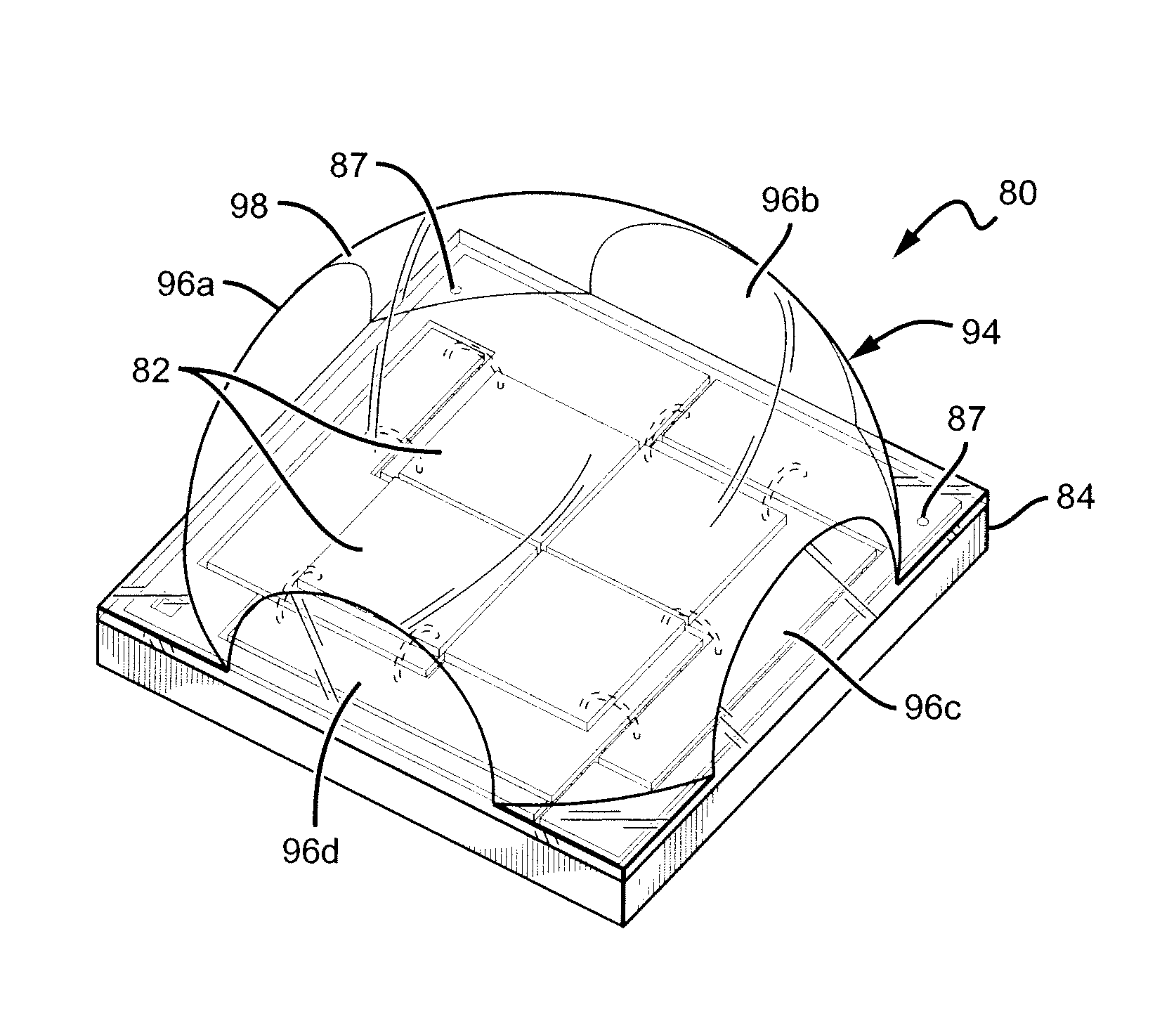 LED package with multiple element light source and encapsulant having curved and/or planar surfaces