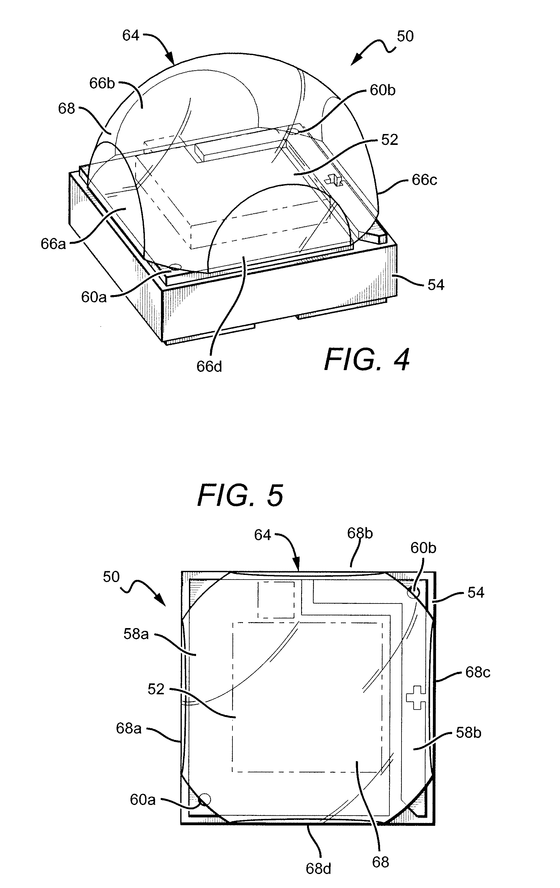 LED package with multiple element light source and encapsulant having curved and/or planar surfaces