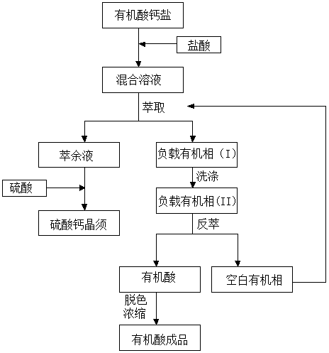 Method for preparing organic acid and calcium sulfate whisker from organic acid calcium salt by hydrochloric acid method