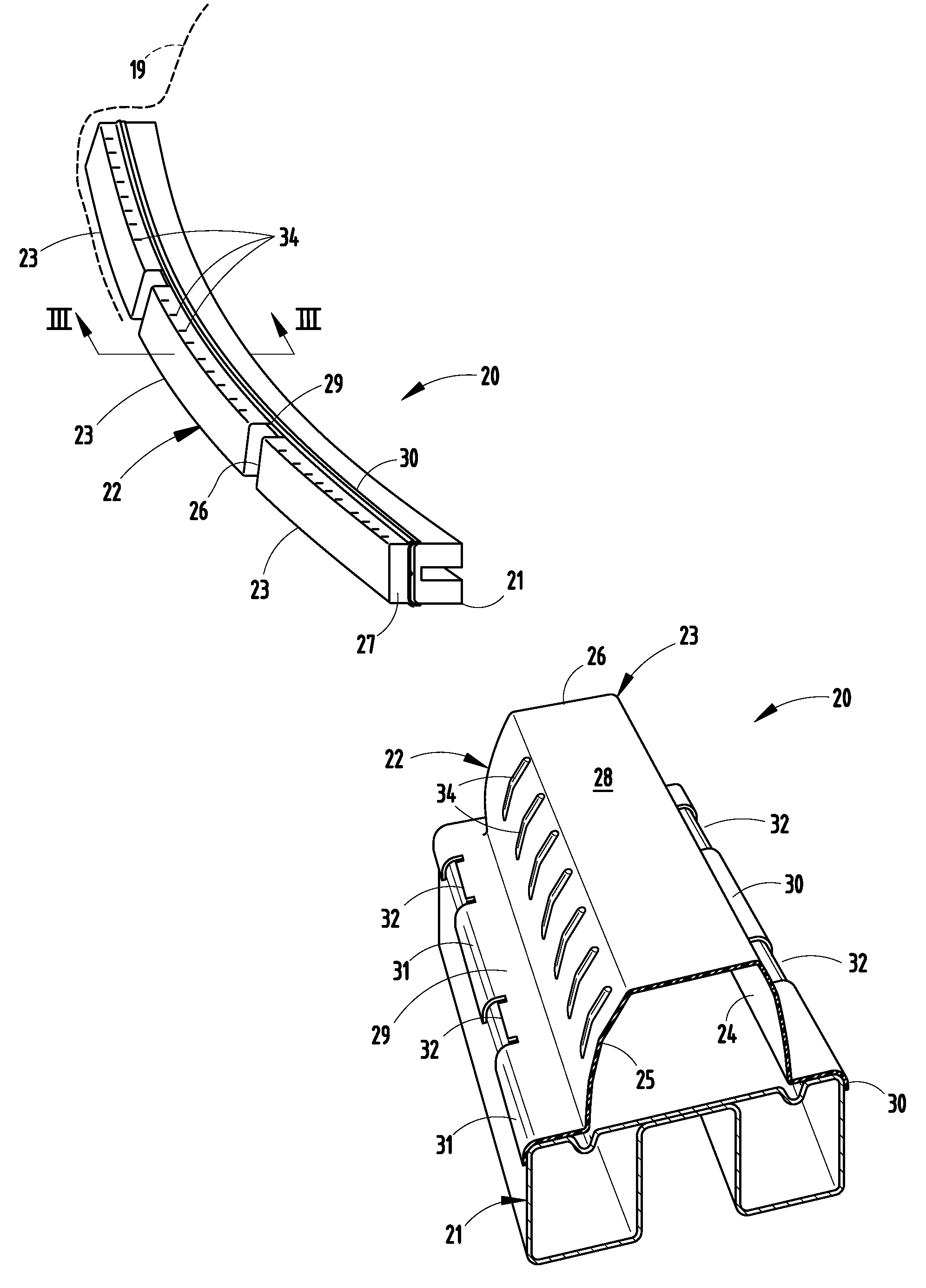 Energy absorber with sidewall stabilizer ribs