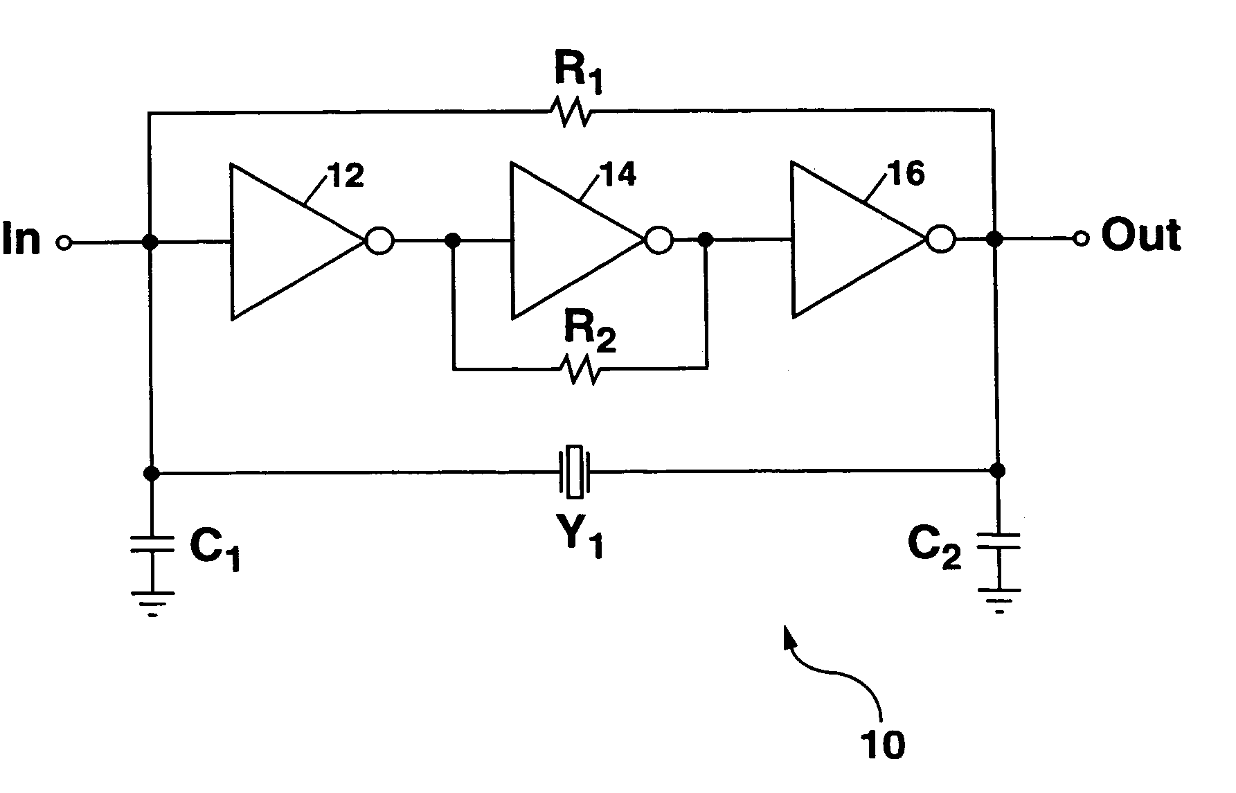 Triple inverter pierce oscillator circuit suitable for CMOS