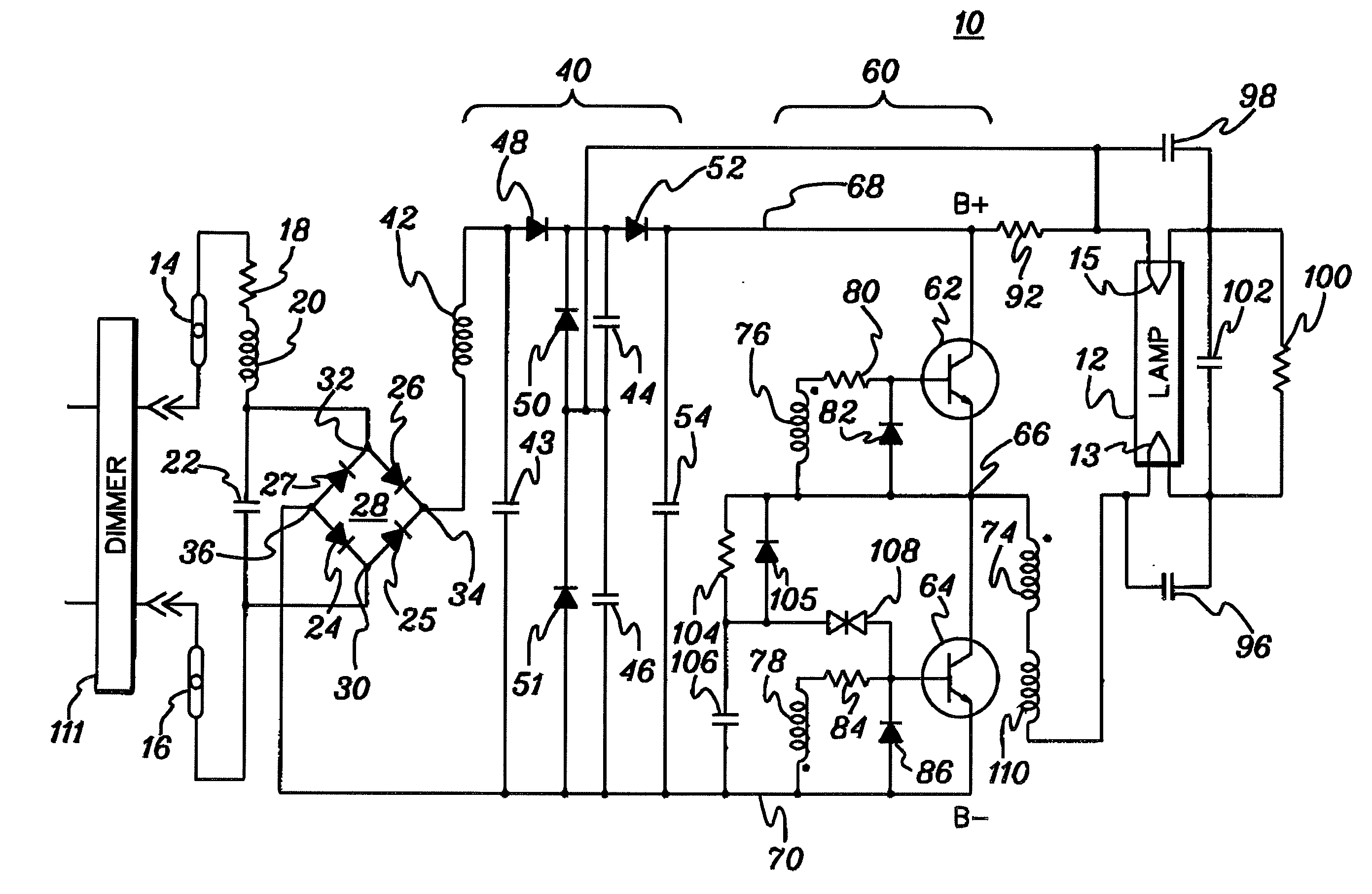 Dimmable, high power factor ballast for gas discharge lamps