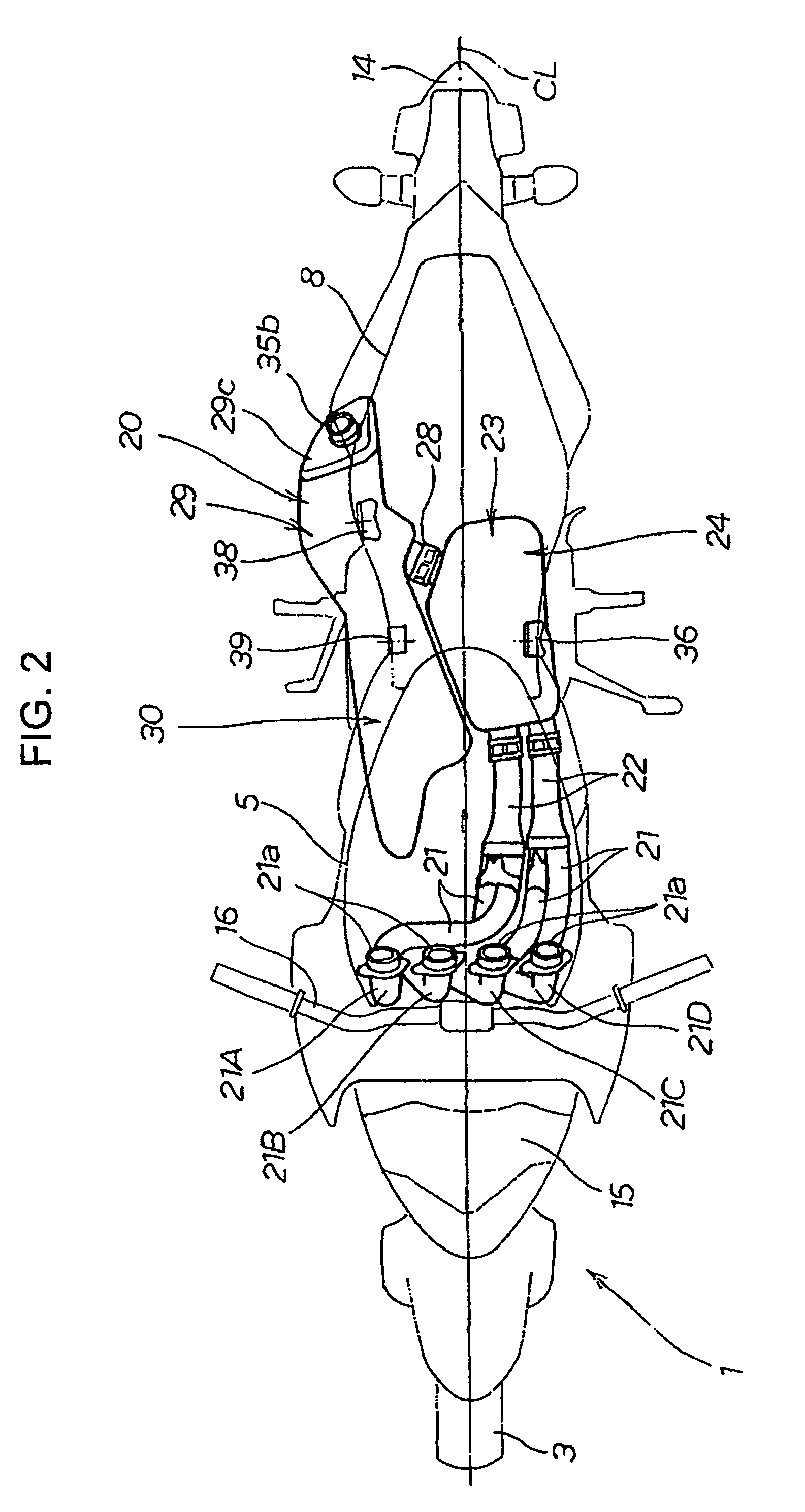 Exhaust system for a motorcycle, and motorcycle incorporating same