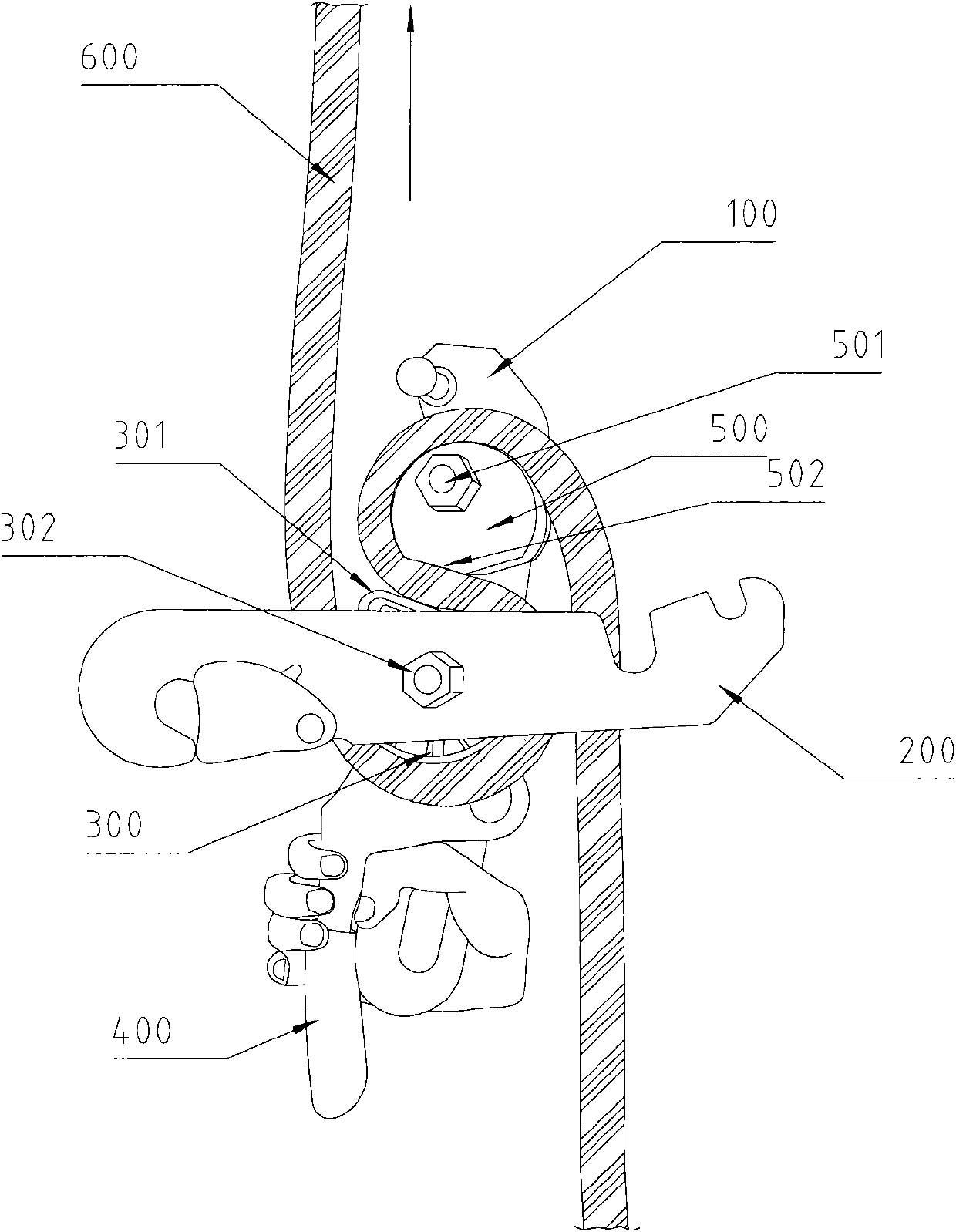 Rope brake descender and rope reeving method