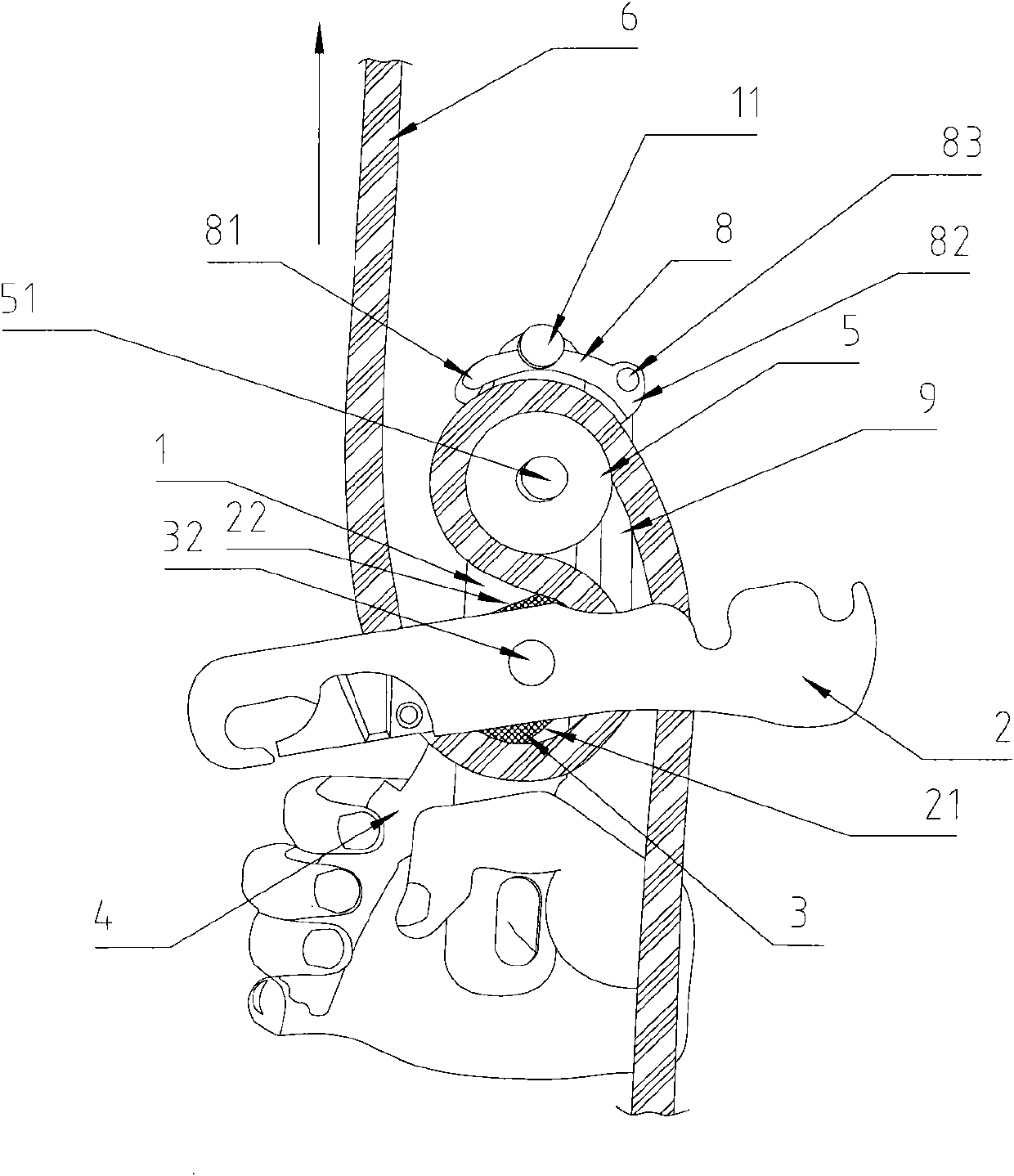 Rope brake descender and rope reeving method