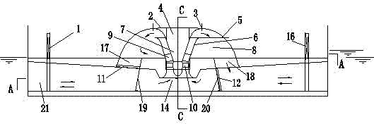 Two-way low lift water pumping device shaped like Omega in Greek letters