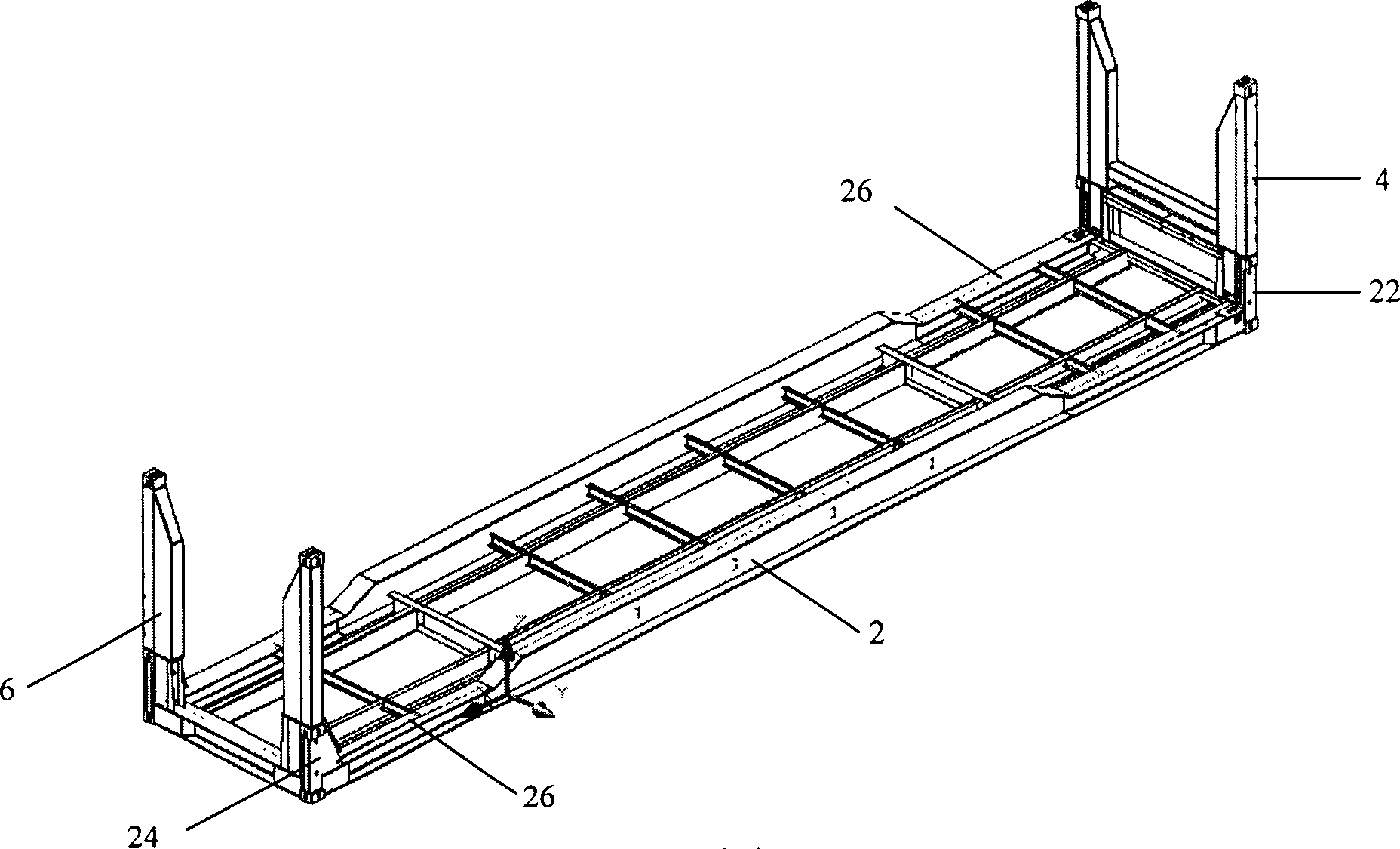 Foldable container for transporting semitrailer chassis