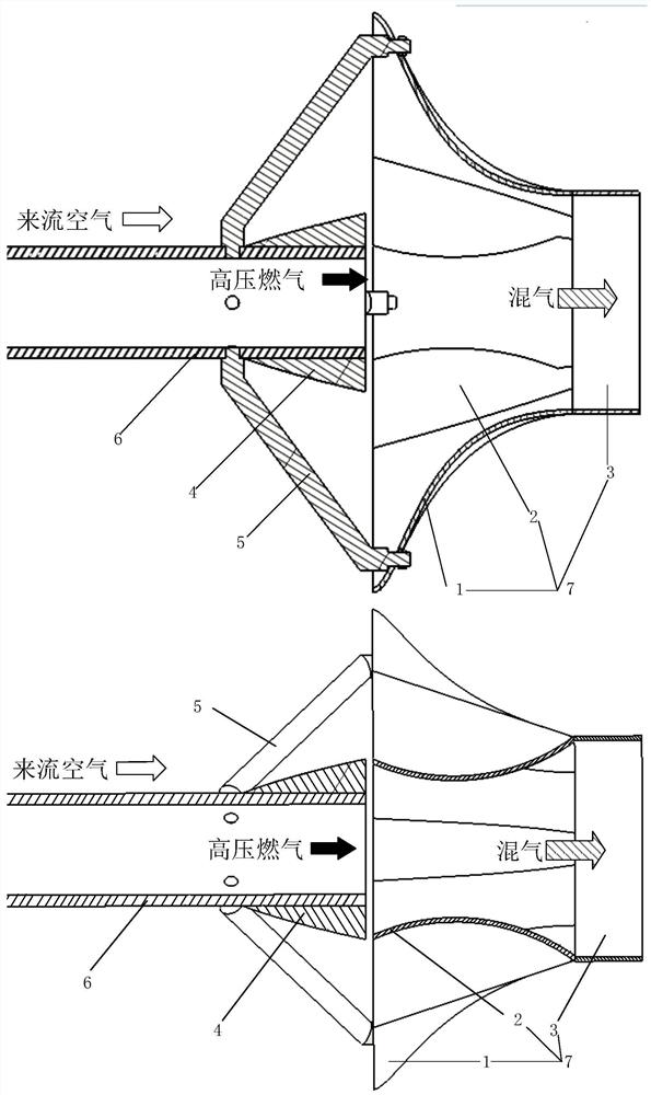 A variable cross-section lobe ejector mixer suitable for pulse detonation engines