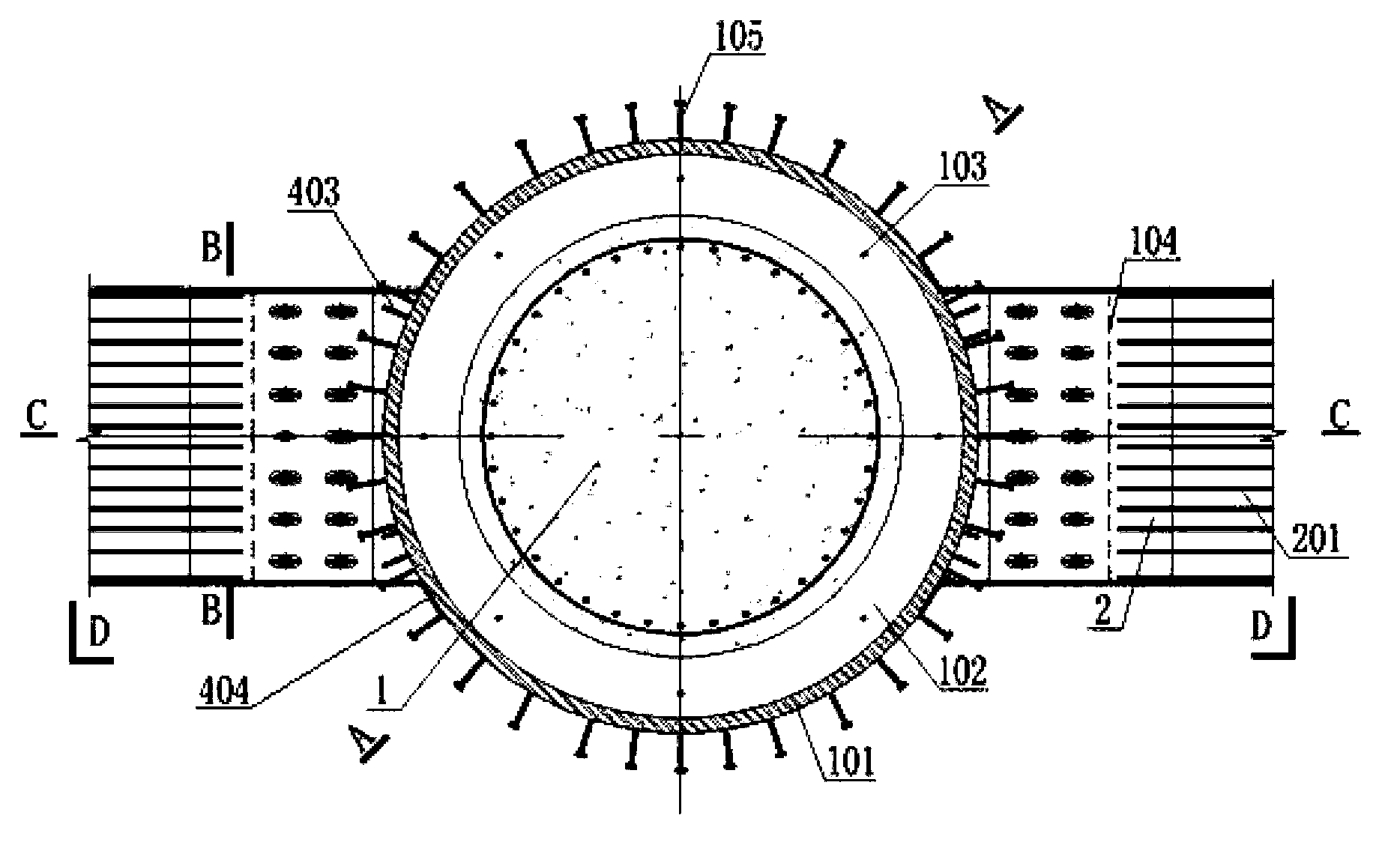 Middle layer joint connecting structure of concrete-filled steel tubular column and reinforced concrete beams