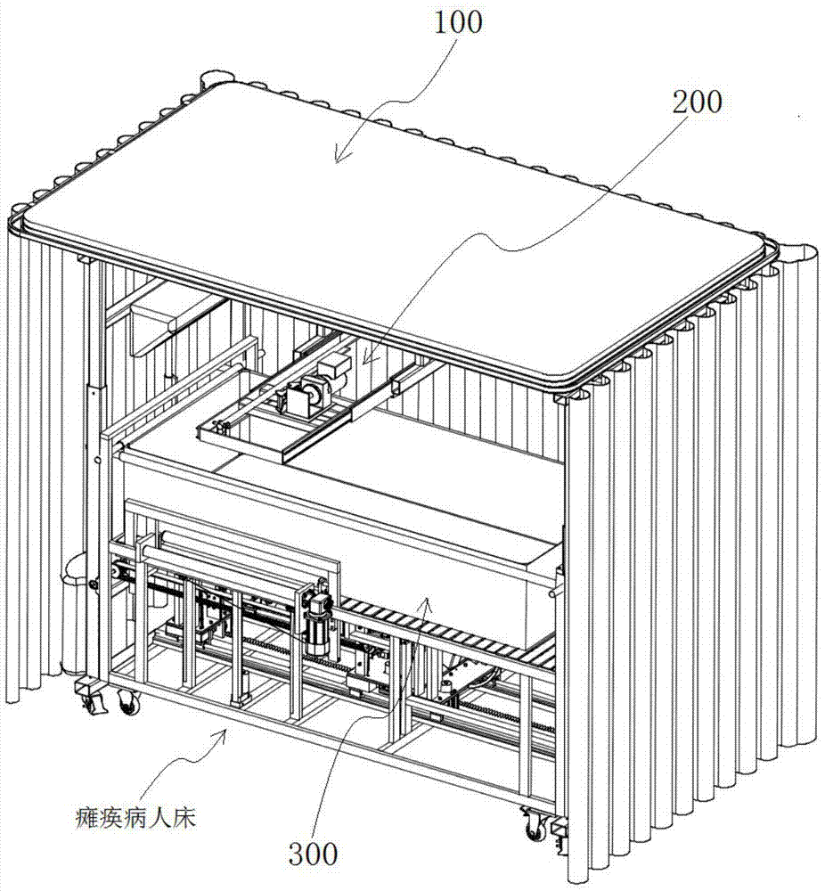 A bathing device for a paralyzed patient's bed