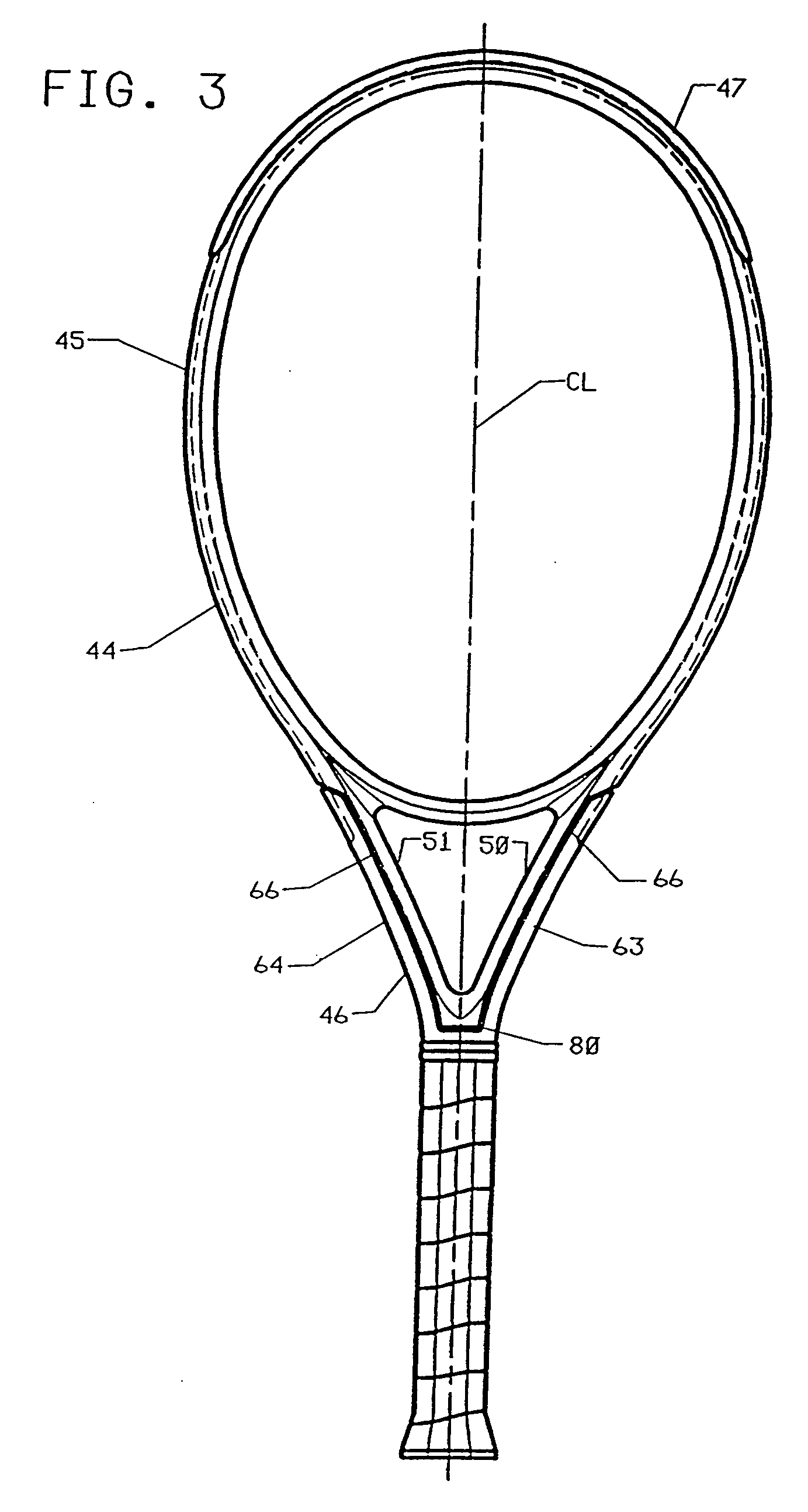 Game racquet with separate head and handle portions for reducing vibration