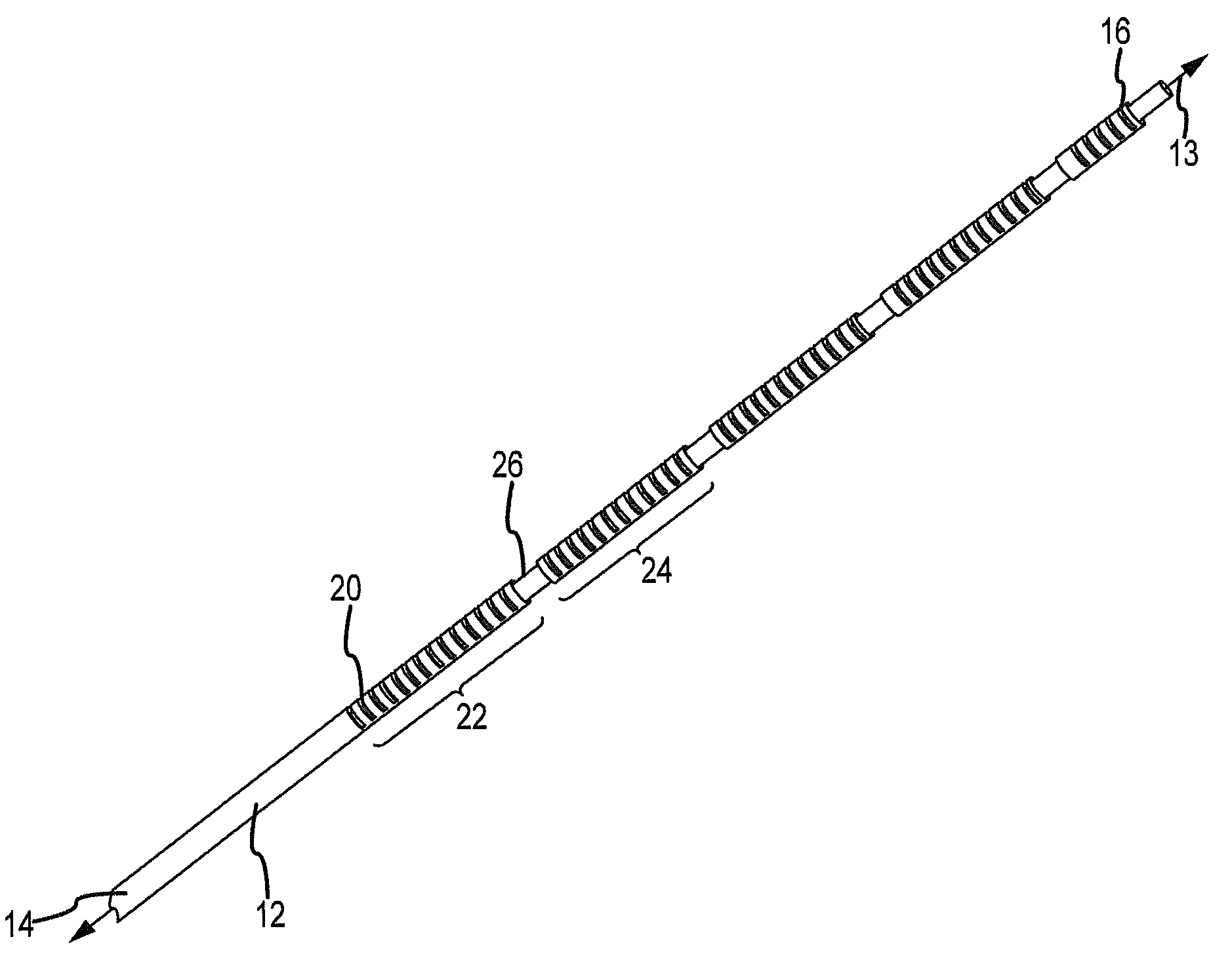 Longitudinally incompressible, laterally flexible interior shaft for catheter