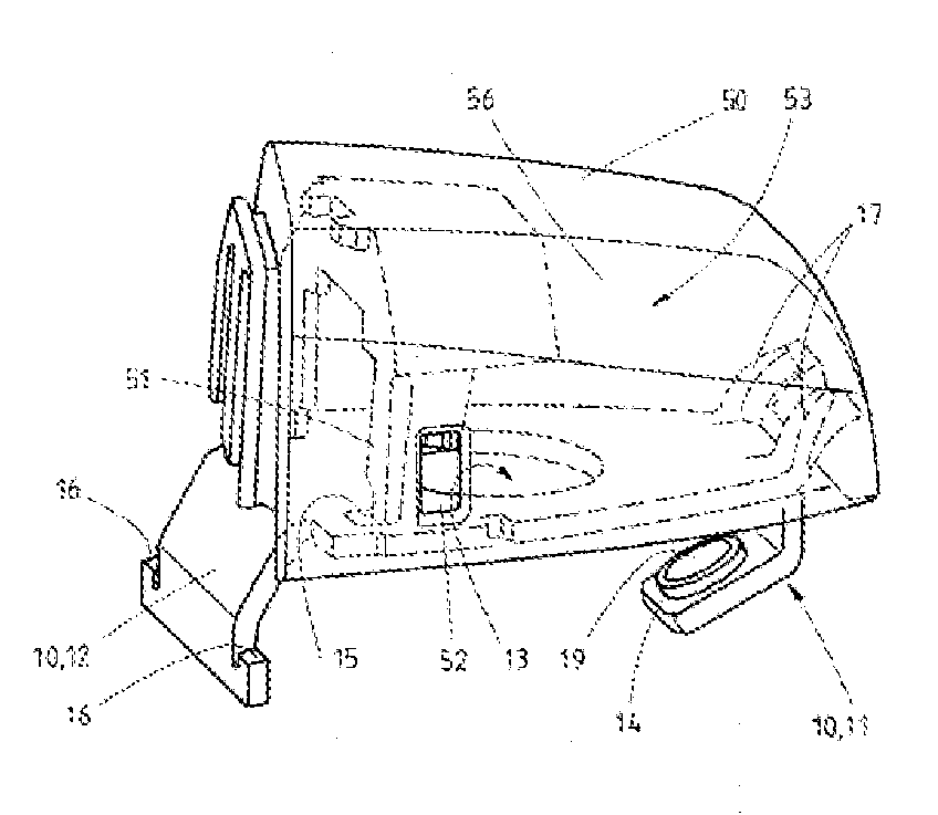 Handle having a retaining element, the same having an attachment means which remains entirely inside a moving part