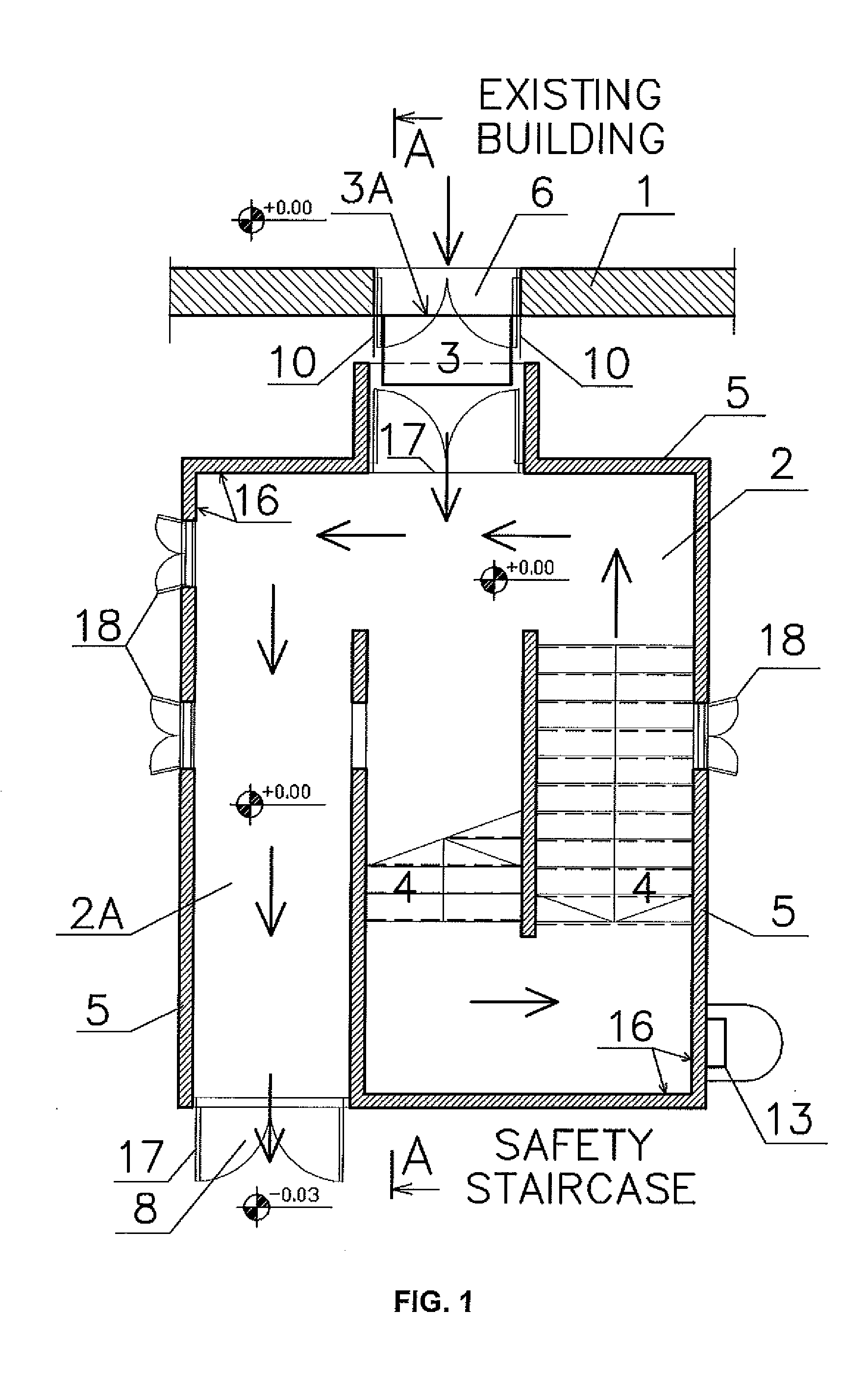 Escape staircase and method for allowing occupants of a building to escape safely during an emergency