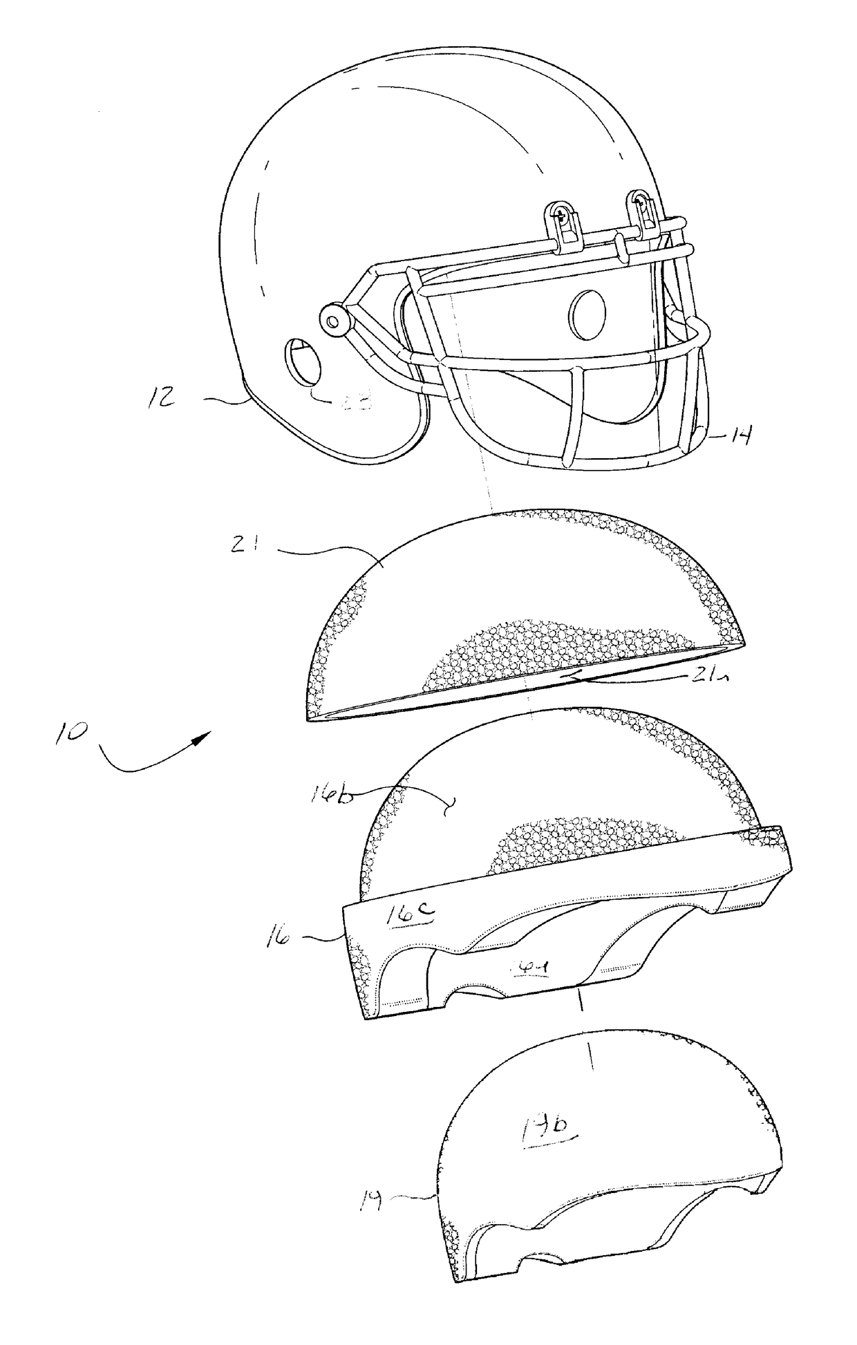 Football helmet having three energy absorbing layers