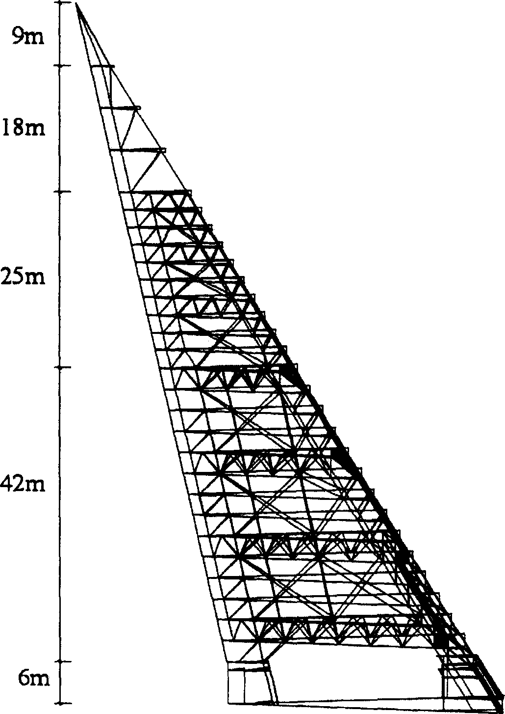 Inclined triangular pyramid truss type frame construction and method for making, mounting and measuring the same