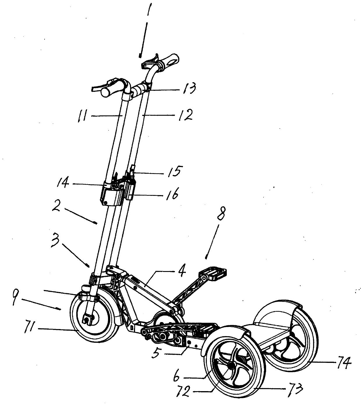 Fast folding handle shock-absorbing three-wheel electric scooter