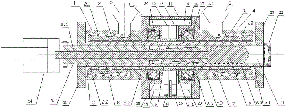 Contraposition spiral short screw extruder