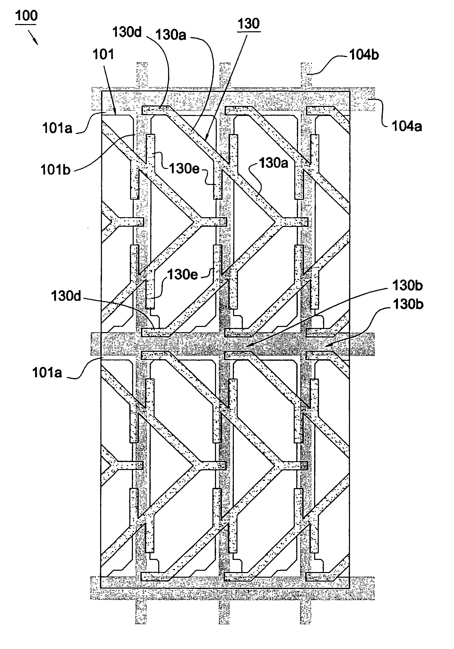 Liquid crystal display including array of protrusions in a broken zigzag pattern all formed within area of light-shielding matrix