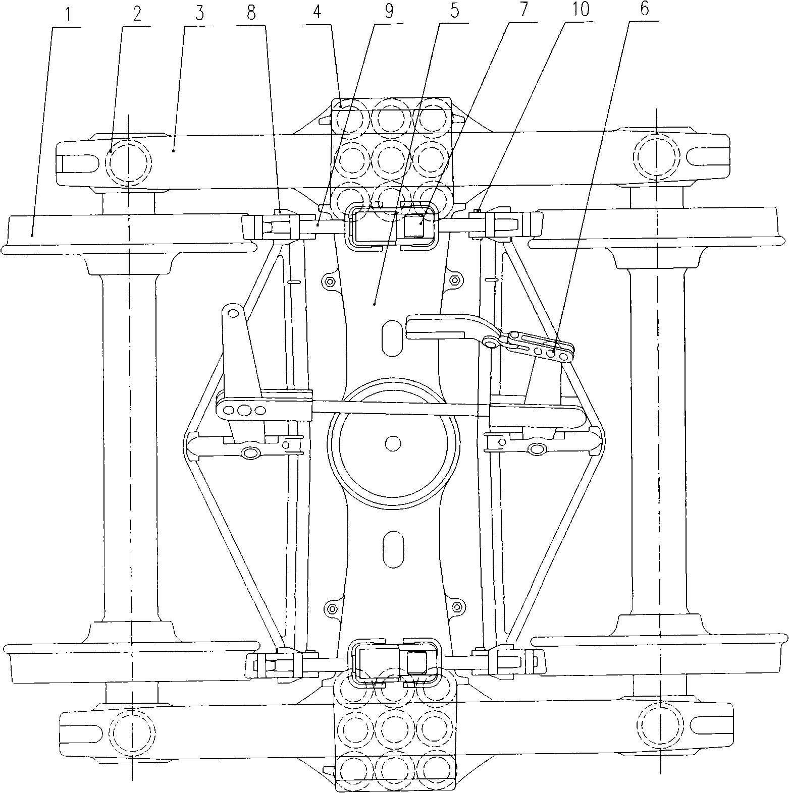 Bogie for goods train with large axle load and low dynamic action