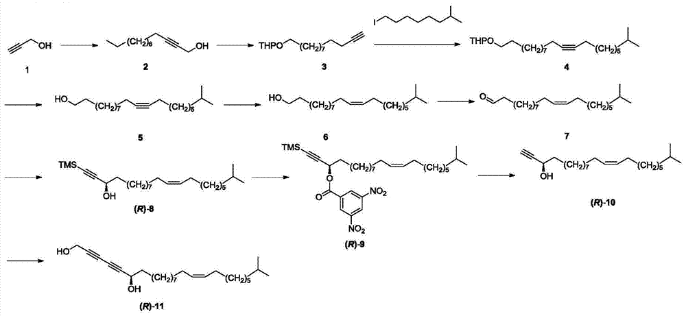 Synthetic method of marine natural product namely (R, Z)-24-methyl-25-carbon-16-butylene-2,4-diyne-1,6-diol and enantiomer thereof