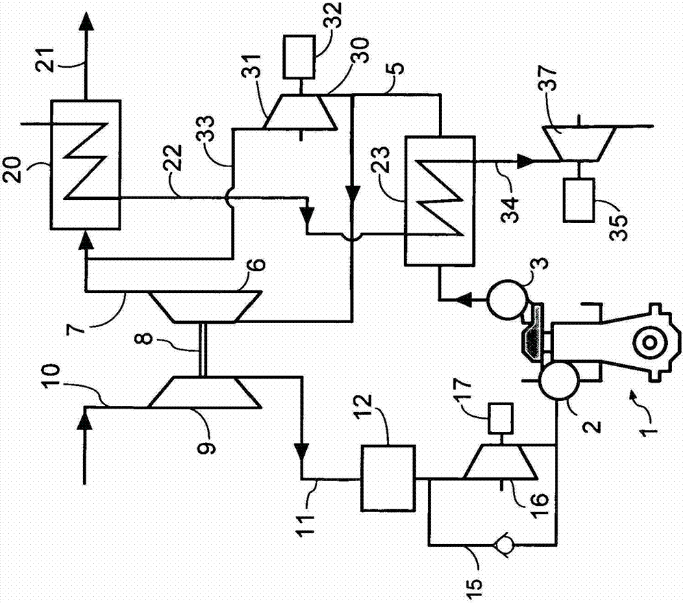 Large-scale turbocharged diesel engine with energy recovery devices