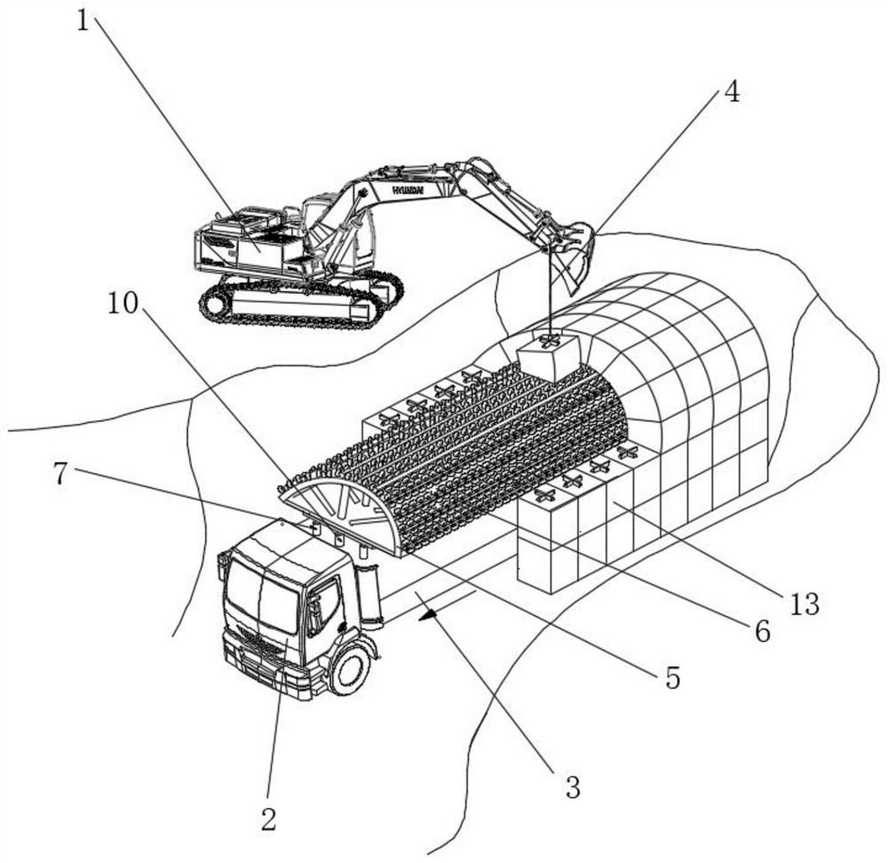 Construction method and construction device of a buried arched building