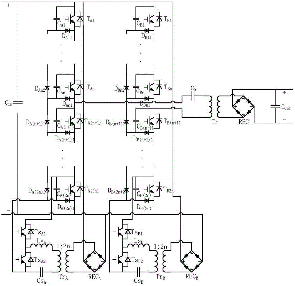 High-voltage direct-current transformer connected with diode clamping power switch in series