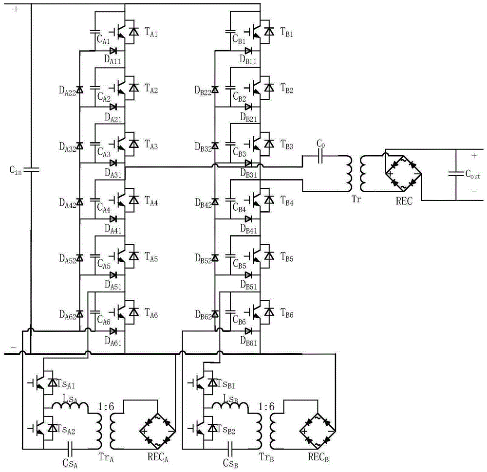 High-voltage direct-current transformer connected with diode clamping power switch in series