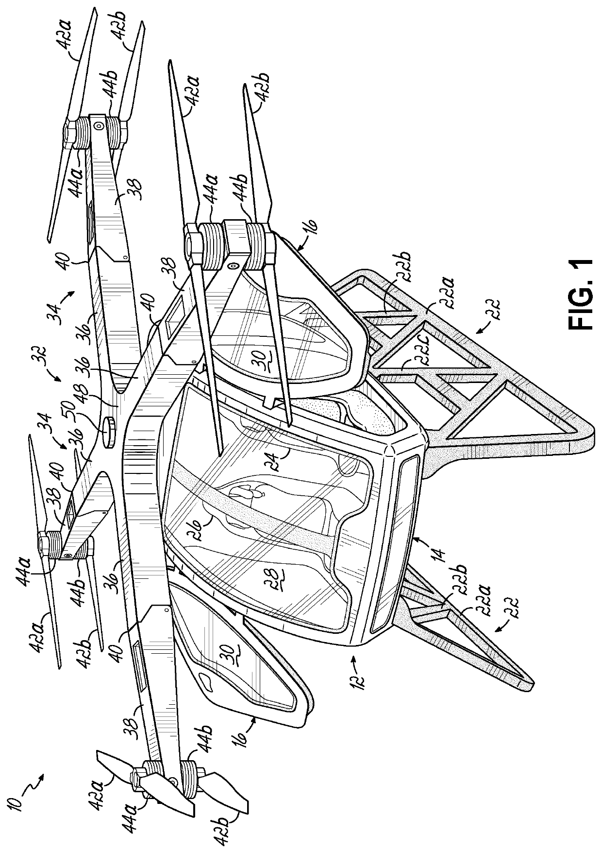 Auxiliary power system for rotorcraft with folding propeller arms and crumple zone loading gear