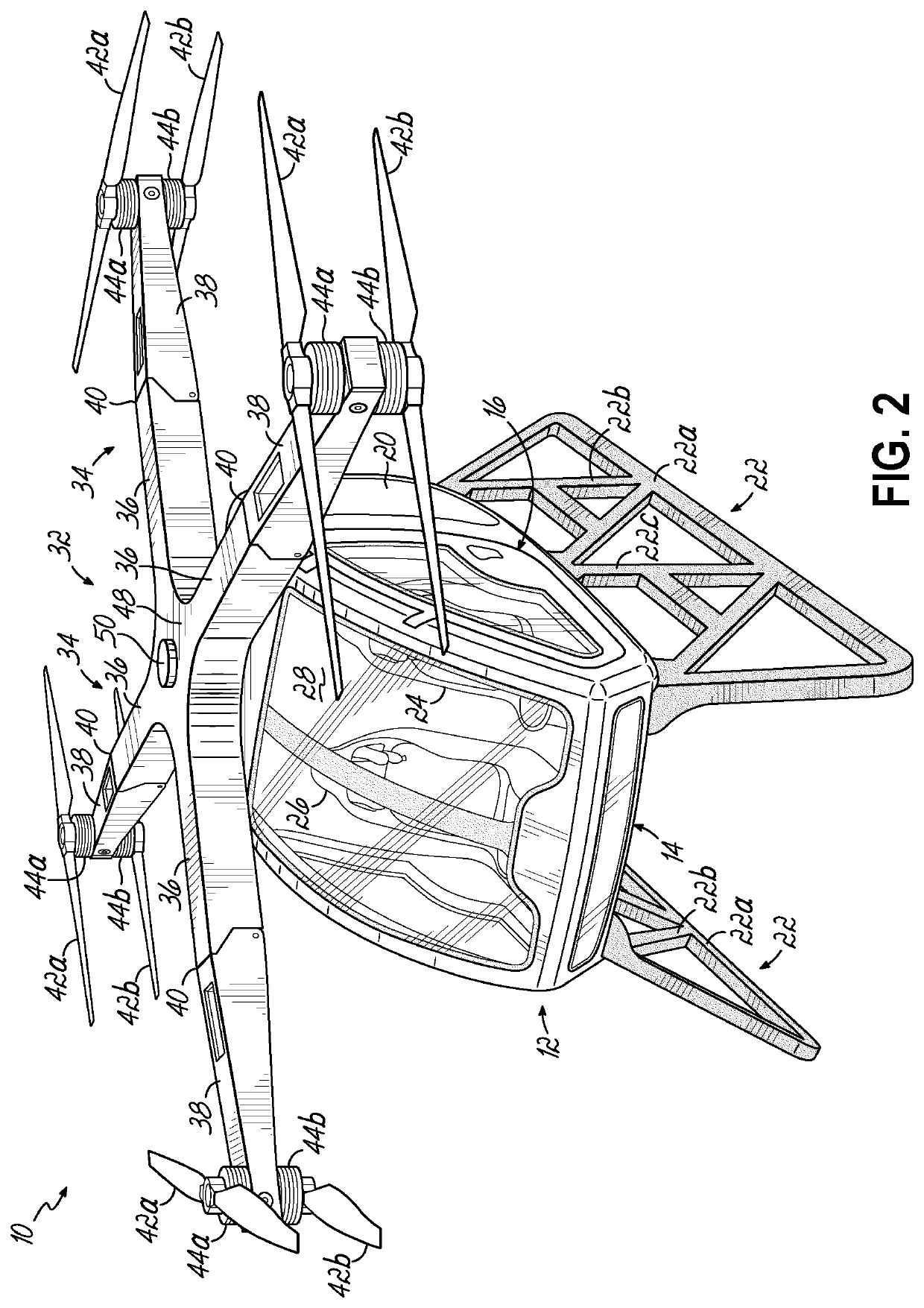 Auxiliary power system for rotorcraft with folding propeller arms and crumple zone loading gear