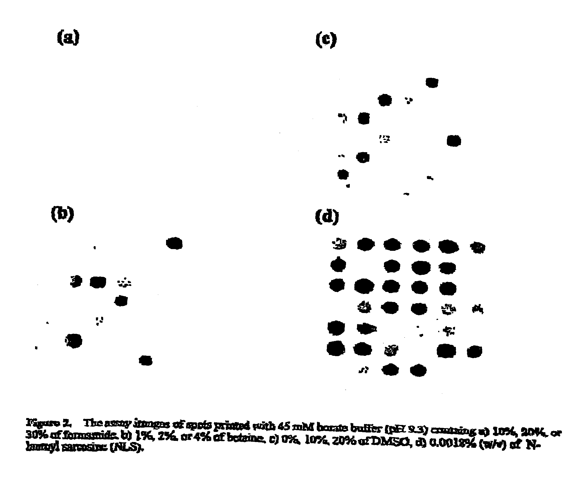 Formulation of spotting solution to achieve uniform spot size and morphology and for nondestructive quality control of assay articles