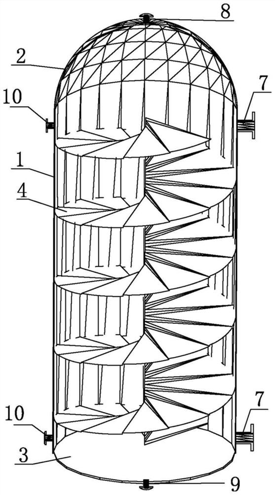 Temperature and concentration gradient spiral baffle plate storage tank and application