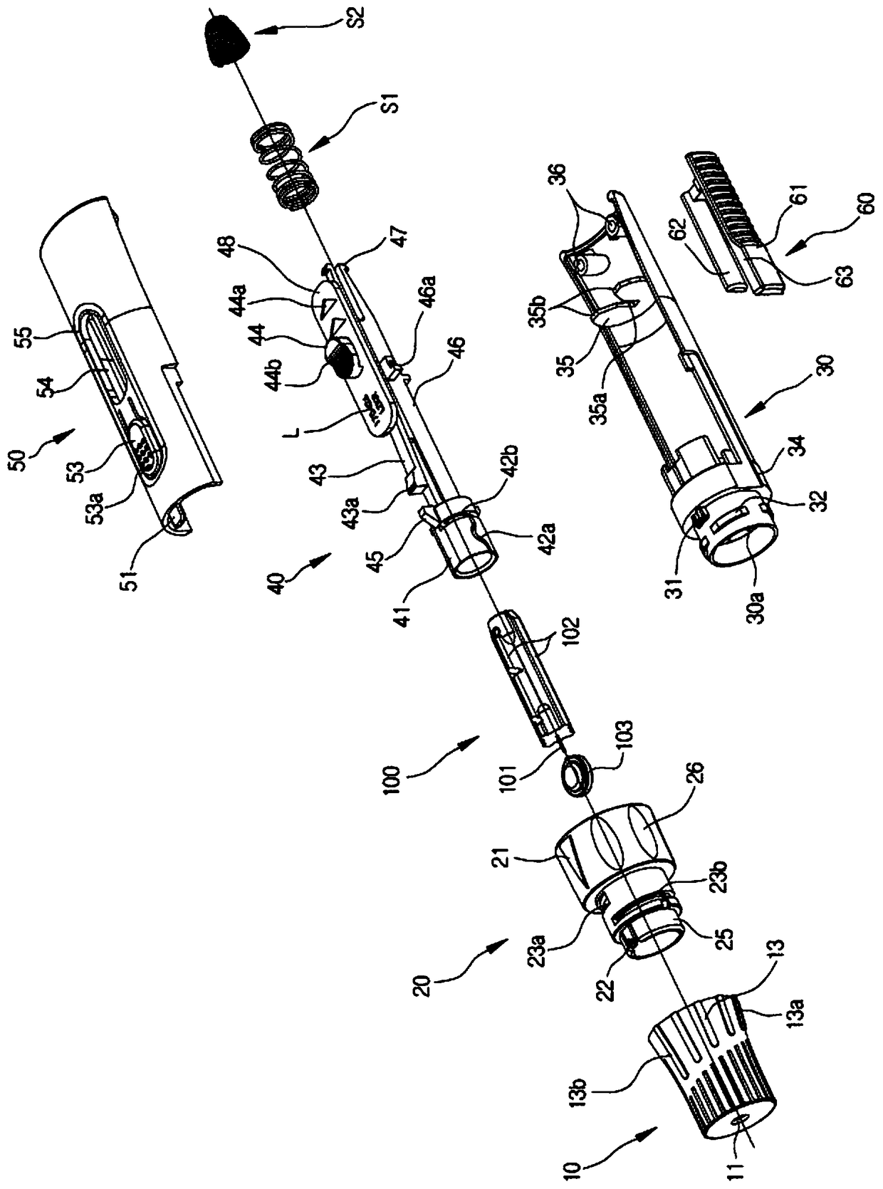 Blood collecting device capable of being used by one hand