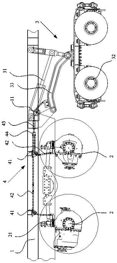 Chain frame device and dual-purpose vehicle for road and rail