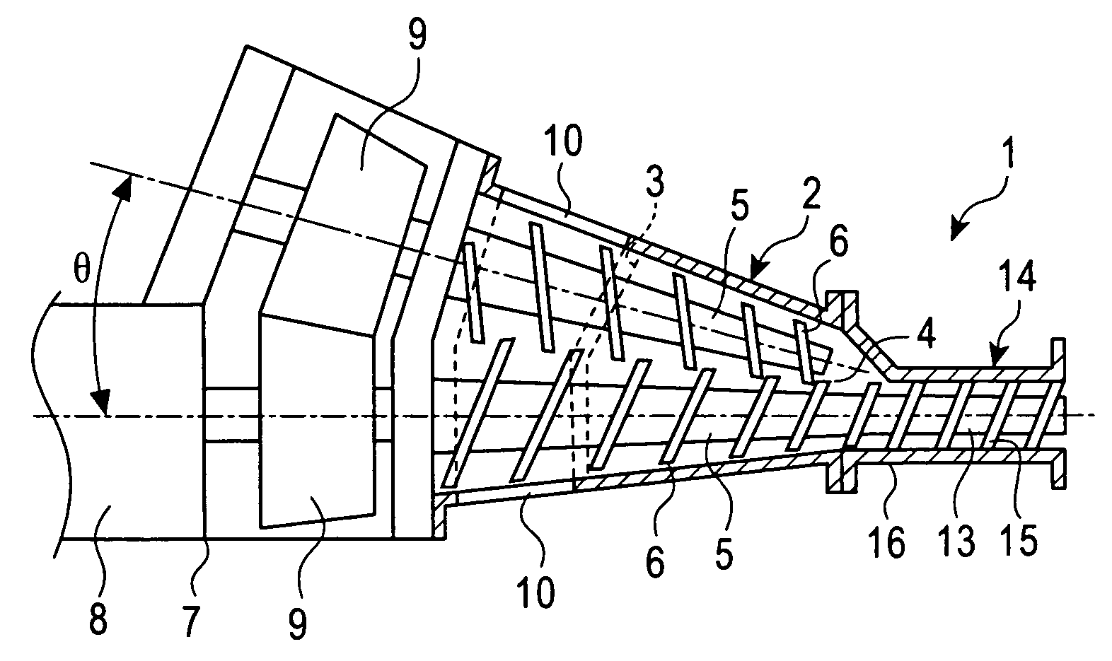 Conical twin-screw extruder and dehydrator