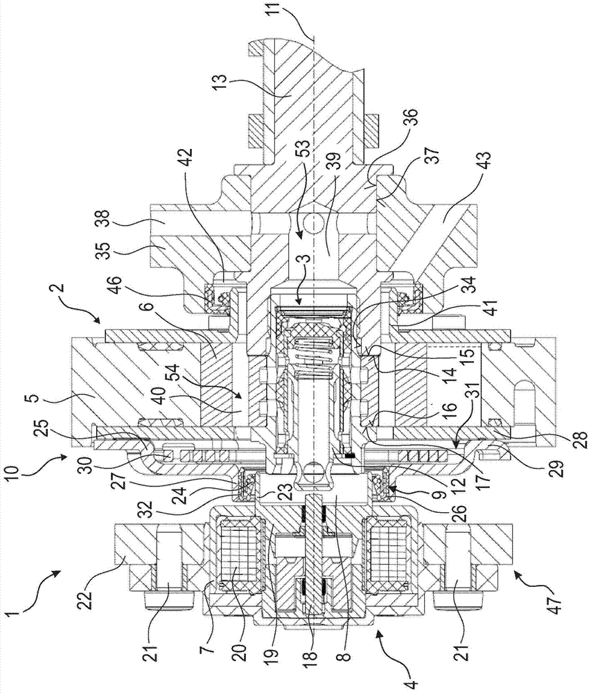 Connection of adjustment actuator with centre valve system for dry belt-type transmission element