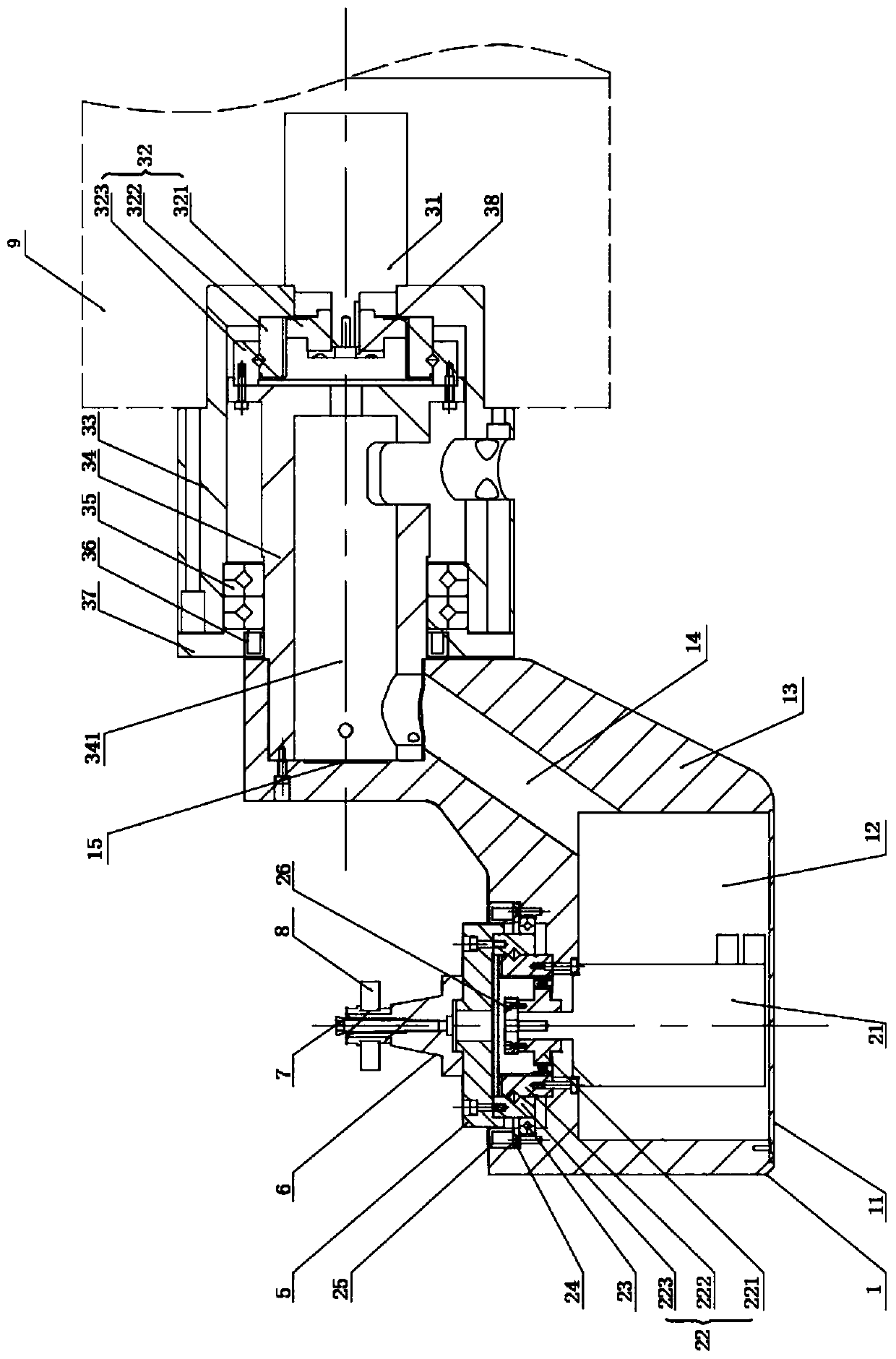 Cantilever-type five-shaft rocker arm rotating device with harmonic speed reducer