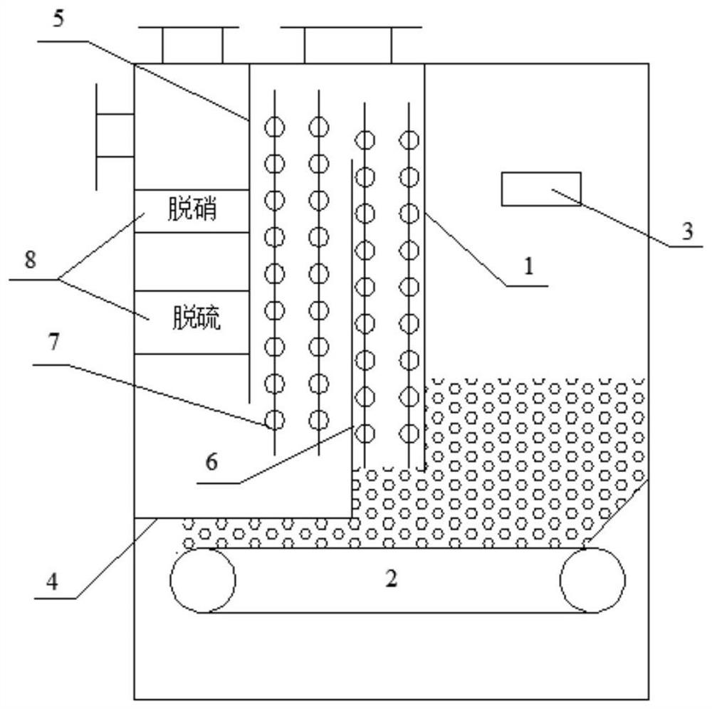 Atmospheric pressure coal-fired boiler with desulfurization, denitrification and dust removal in furnace and its treatment method