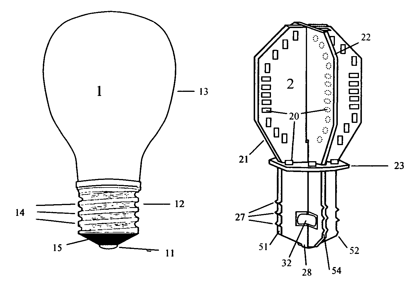 Light bulb with light emitting elements for use in conventional incandescent light bulb sockets