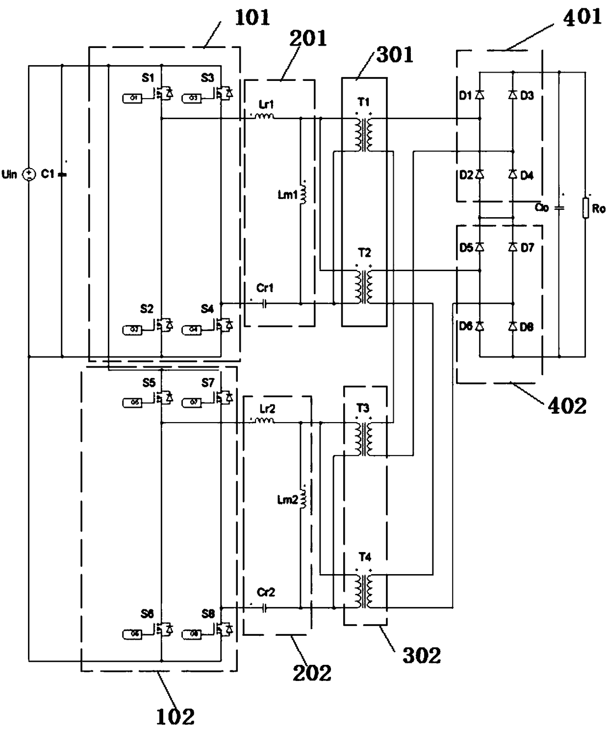 Power converter with multiple parallel inputs and multiple series outputs