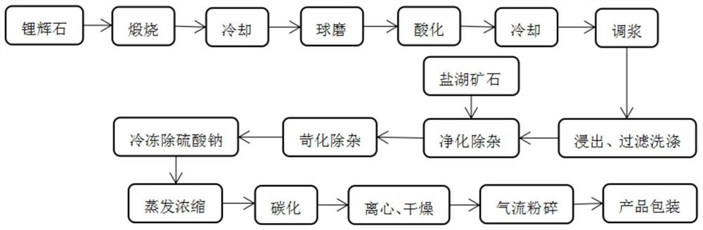 Process for producing lithium carbonate by mixing spodumene and salt lake ore