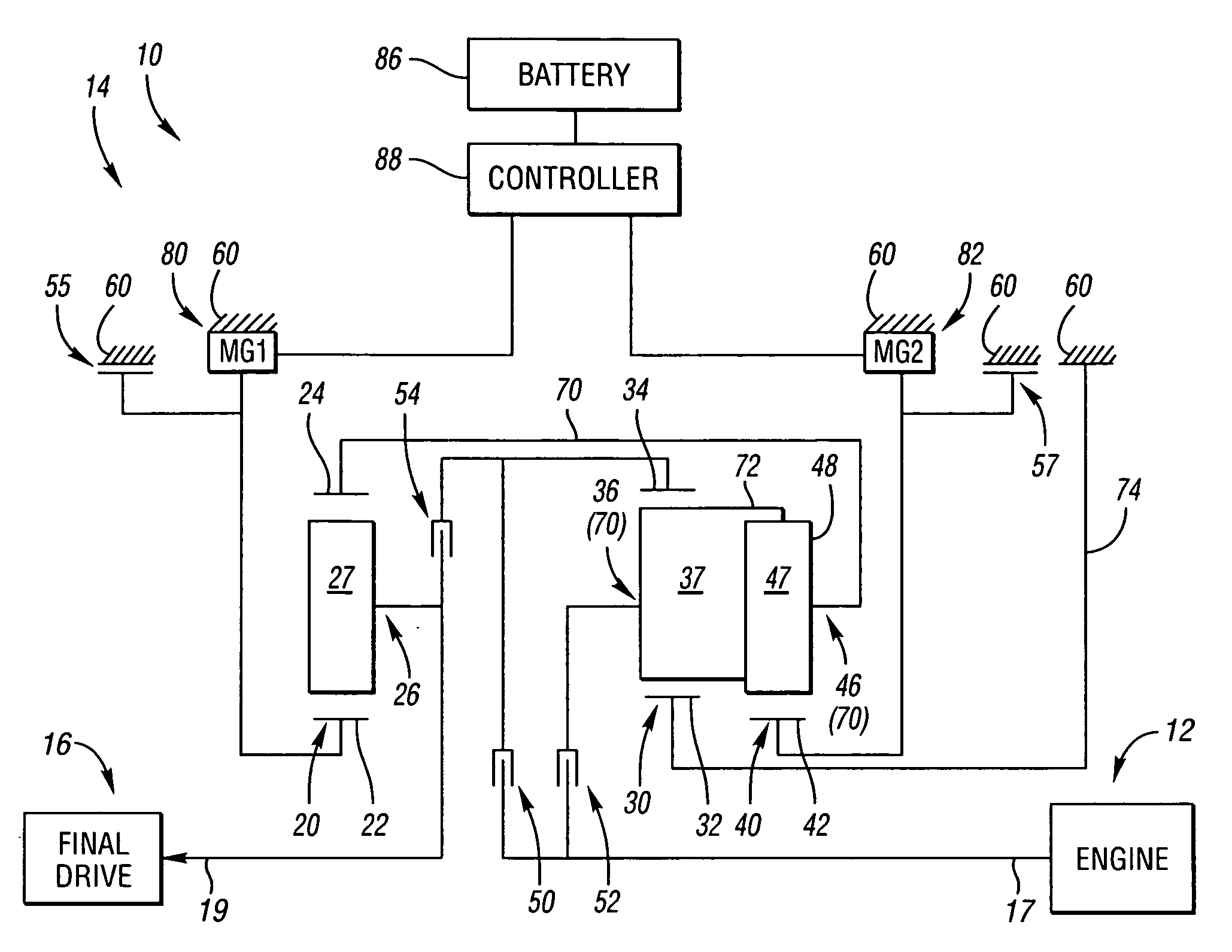 Electrically variable transmission having three planetary gear sets, clutched input, two fixed interconnections and a stationary member