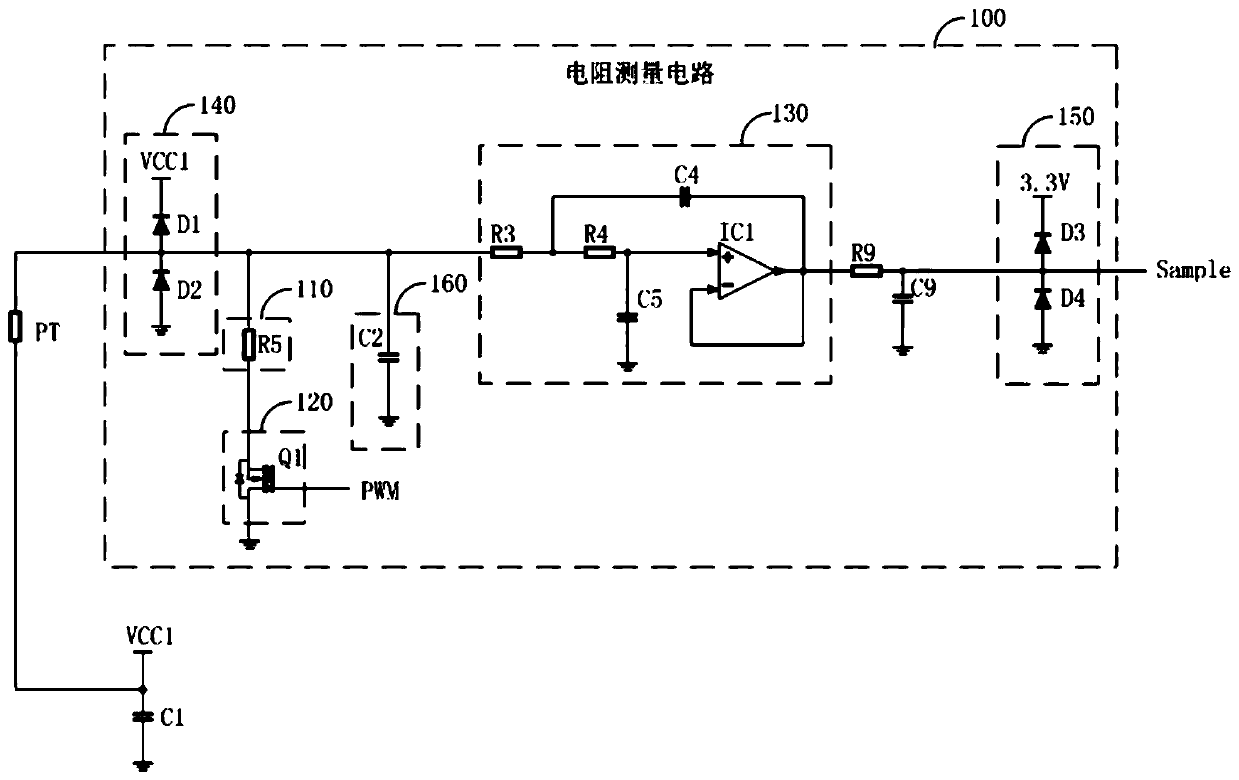 Resistance measuring circuit, temperature detecting circuit and charging gun