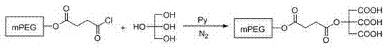 PEG/mPEG (Polyethylene Glycol) multi-carboxyl chemical modifying agent connected with citric acid, preparation method and application thereof in modification of toluylene compound