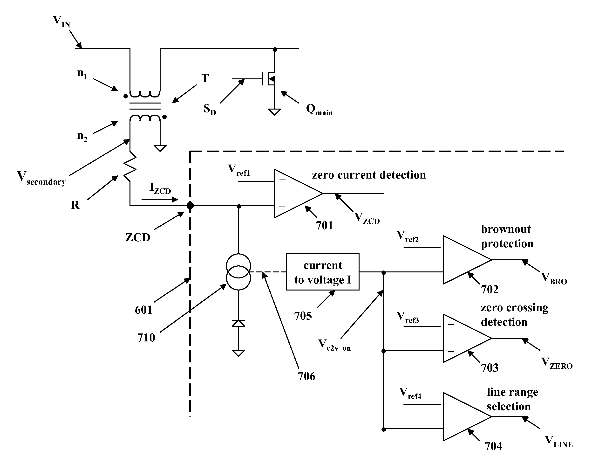 Utilization of a multifunctional pin combining voltage sensing and zero current detection to control a switched-mode power converter