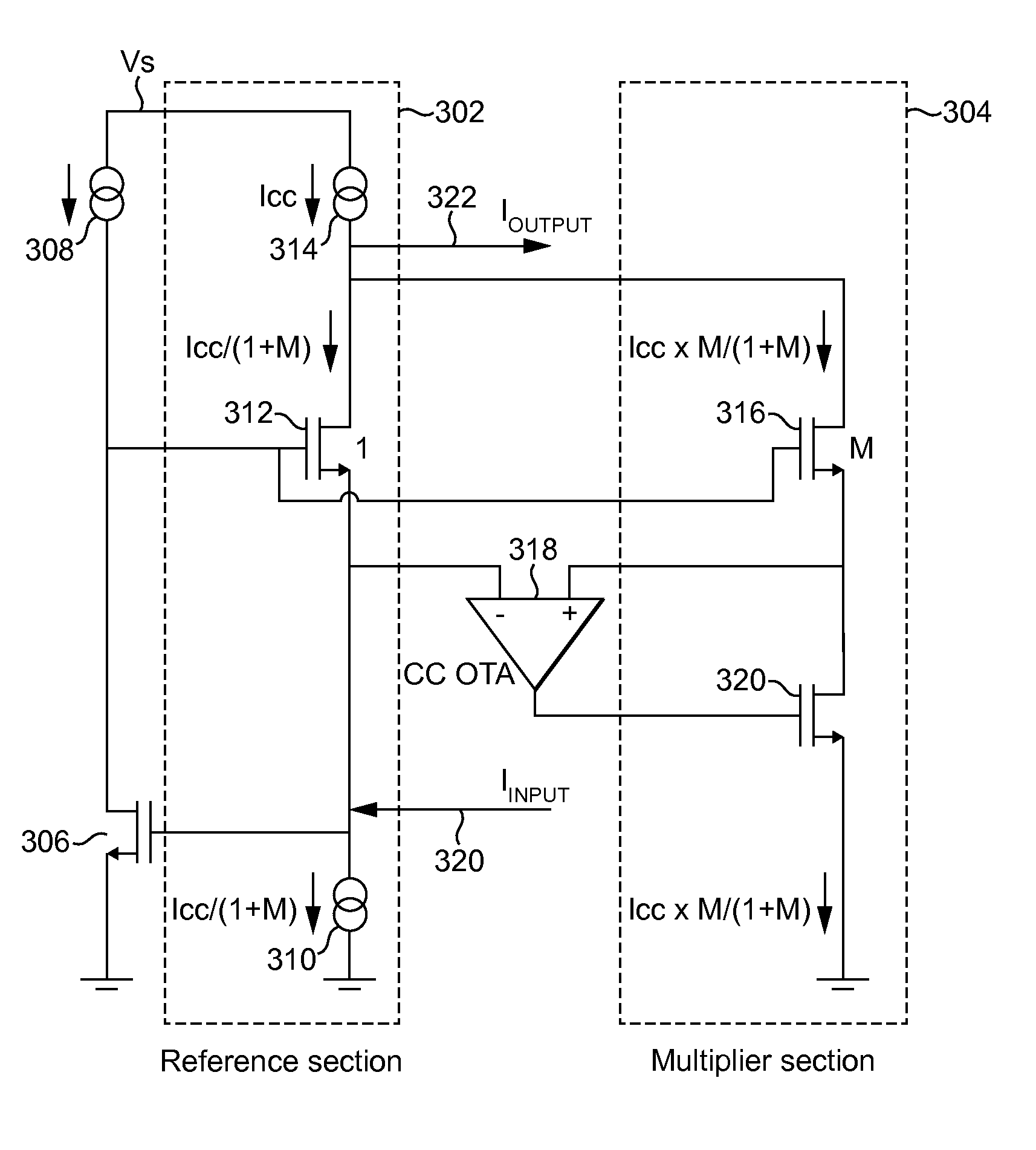 Multiplying current conveyor for amplifier