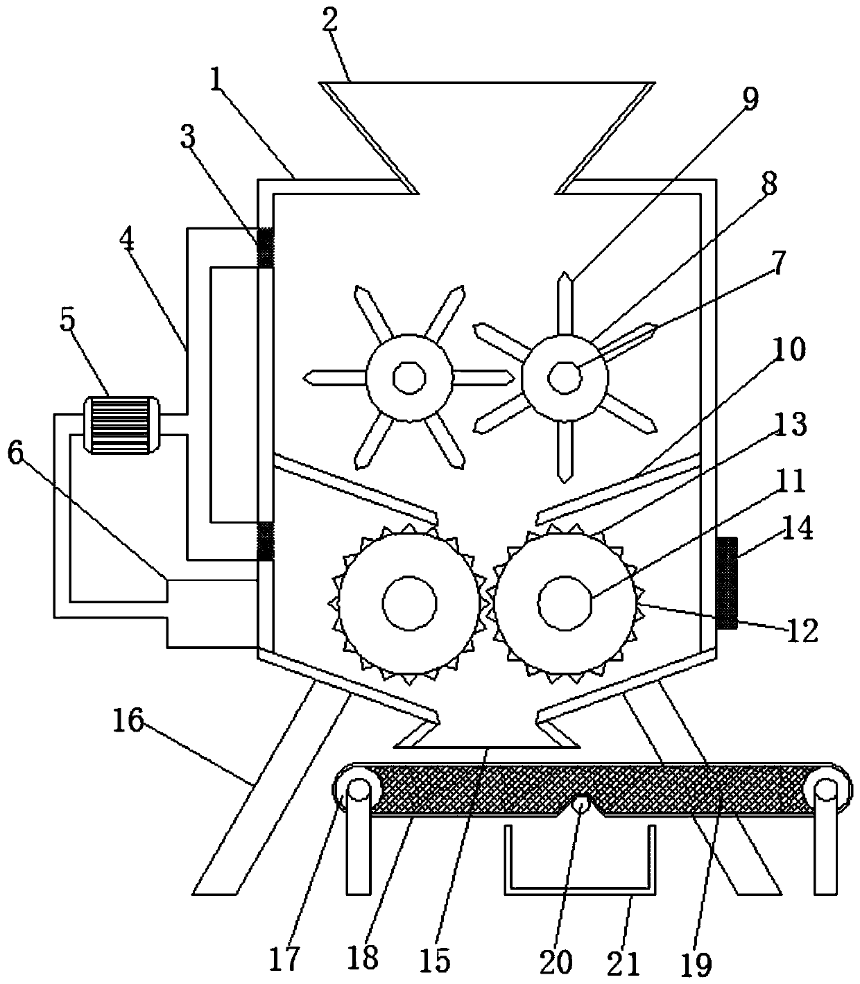 Construction garbage crushing device for dust prevention and metal recycling